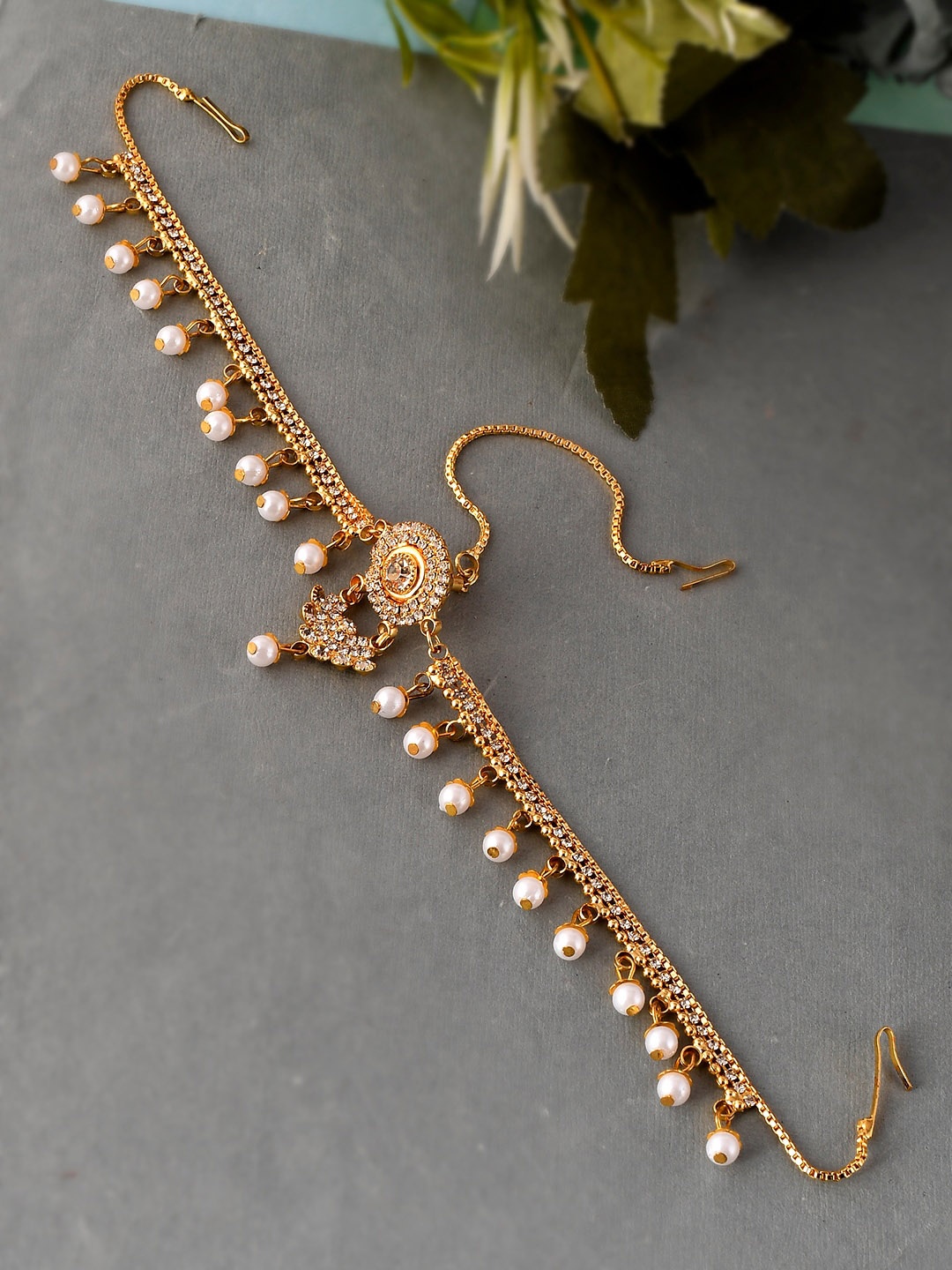 

Silvermerc Designs Gold-Plated White Stone Studded & Pearls Beaded Maang Tikka