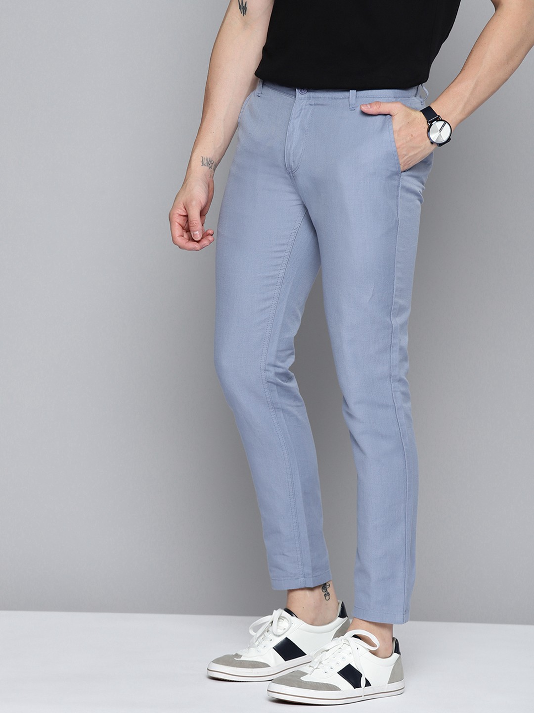 

Mast & Harbour Men Blue Cotton Linen Trousers