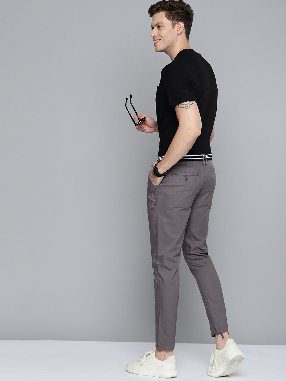 

Mast & Harbour Men Grey Pure Cotton Solid Chinos Trousers
