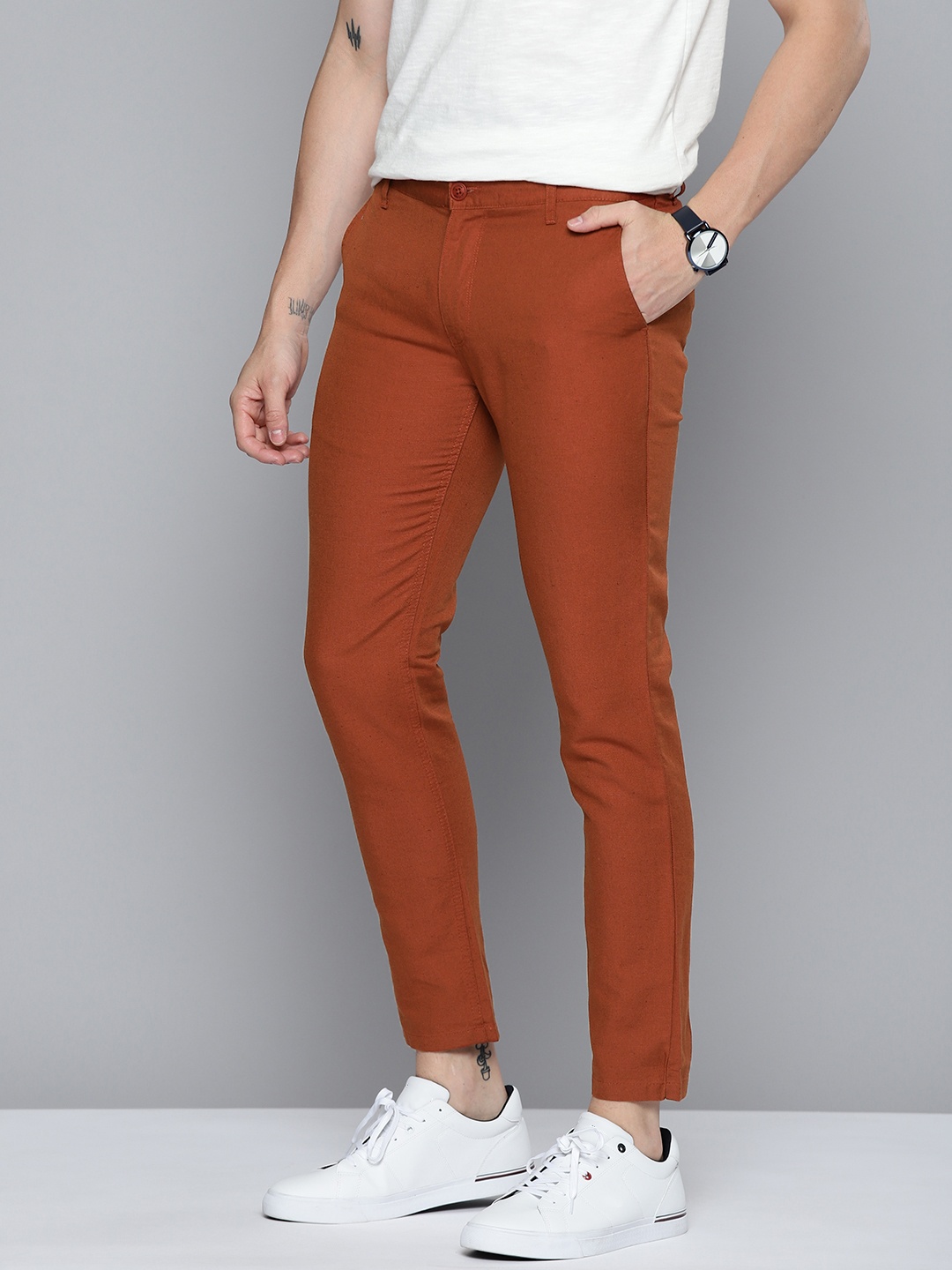 

Mast & Harbour Men Rust Brown Cotton Linen Trousers