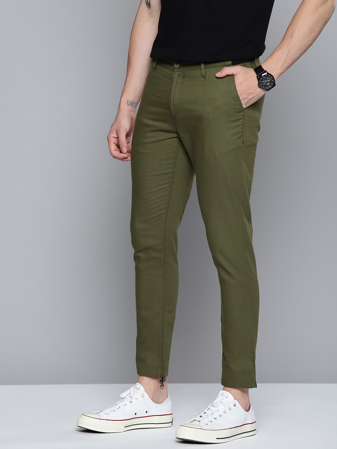 

Mast & Harbour Men Olive Green Pure Cotton Solid Chinos Trousers