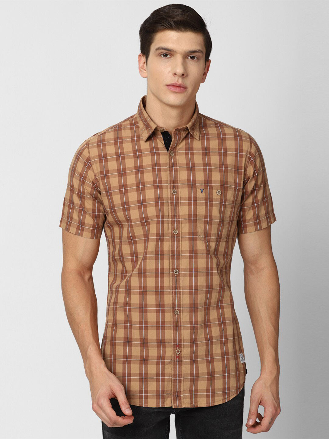 

VAN HEUSEN DENIM LABS Men Khaki Slim Fit Checked Cotton Casual Shirt