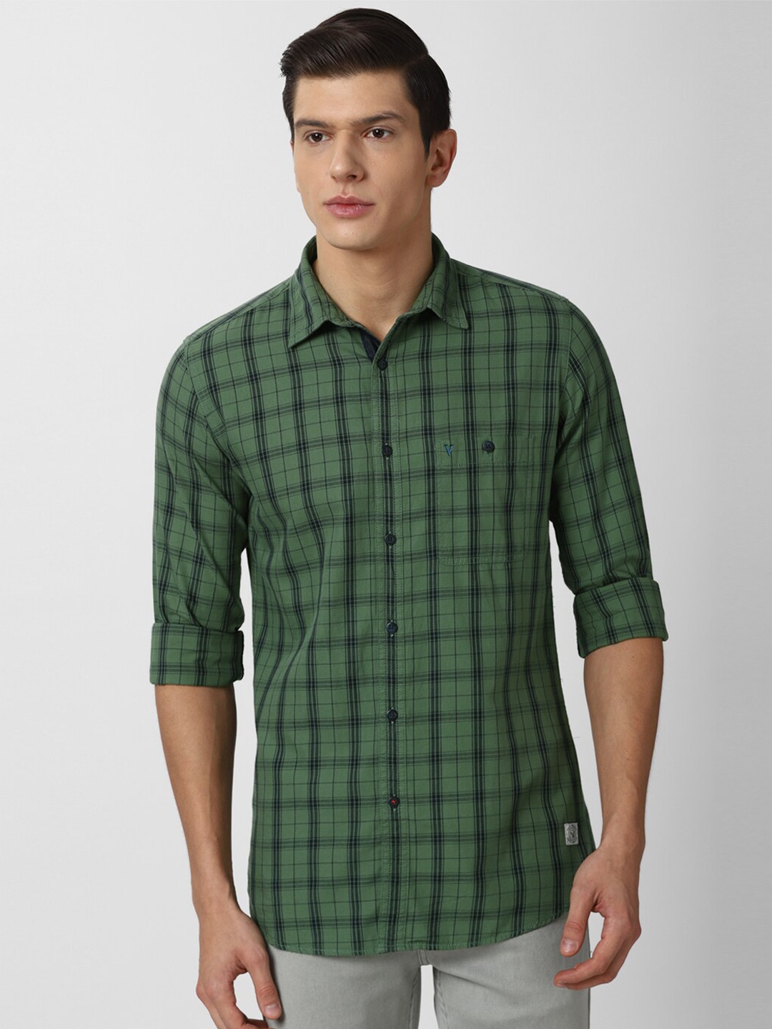 

VAN HEUSEN DENIM LABS Men Green Slim Fit Tartan Checks Cotton Casual Shirt