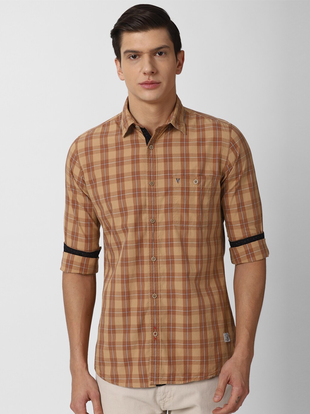 

VAN HEUSEN DENIM LABS Men Khaki Slim Fit Checked Casual Shirt