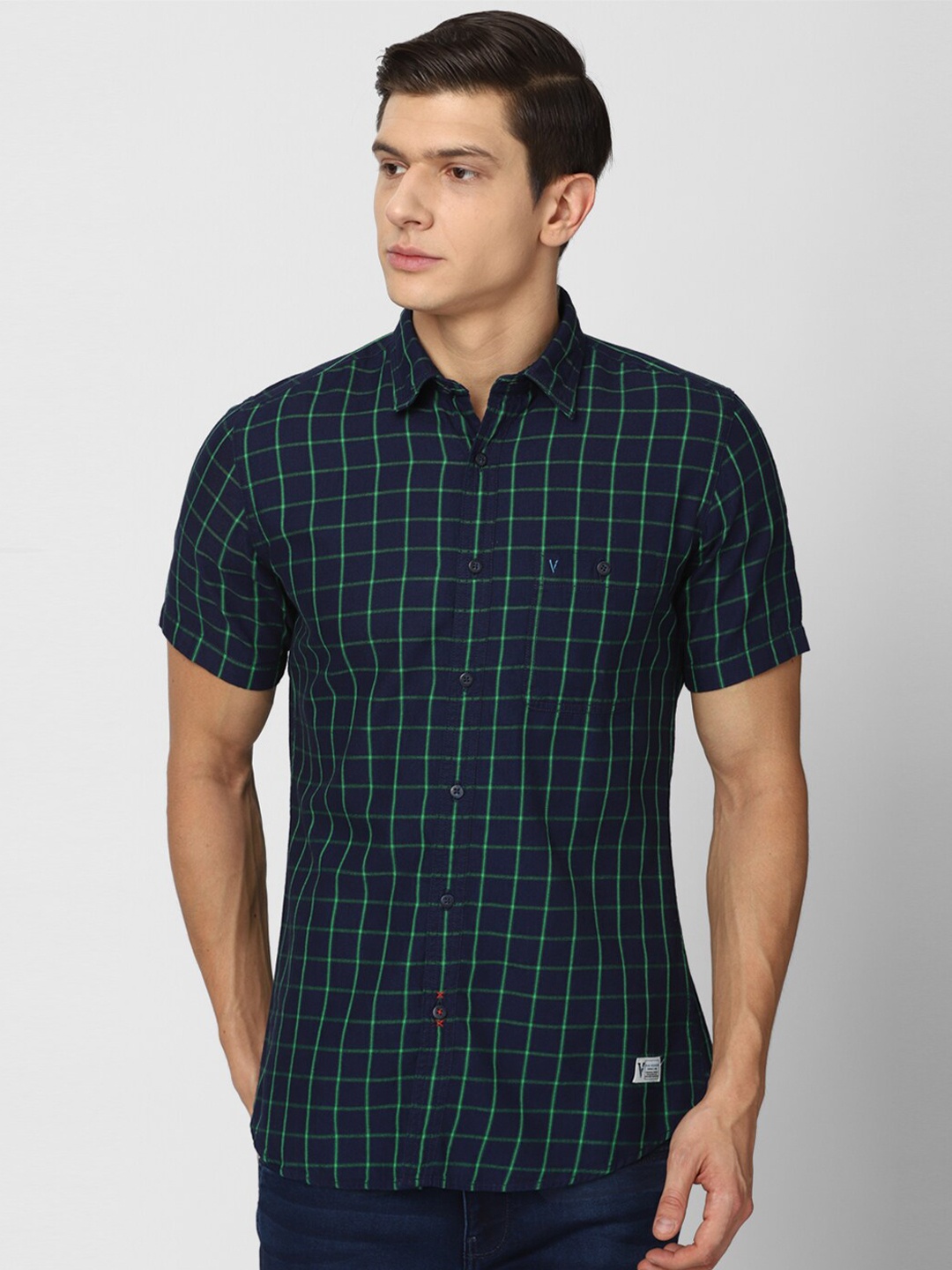

VAN HEUSEN DENIM LABS Men Navy Blue Slim Fit Grid Tattersall Checks Checked Casual Shirt