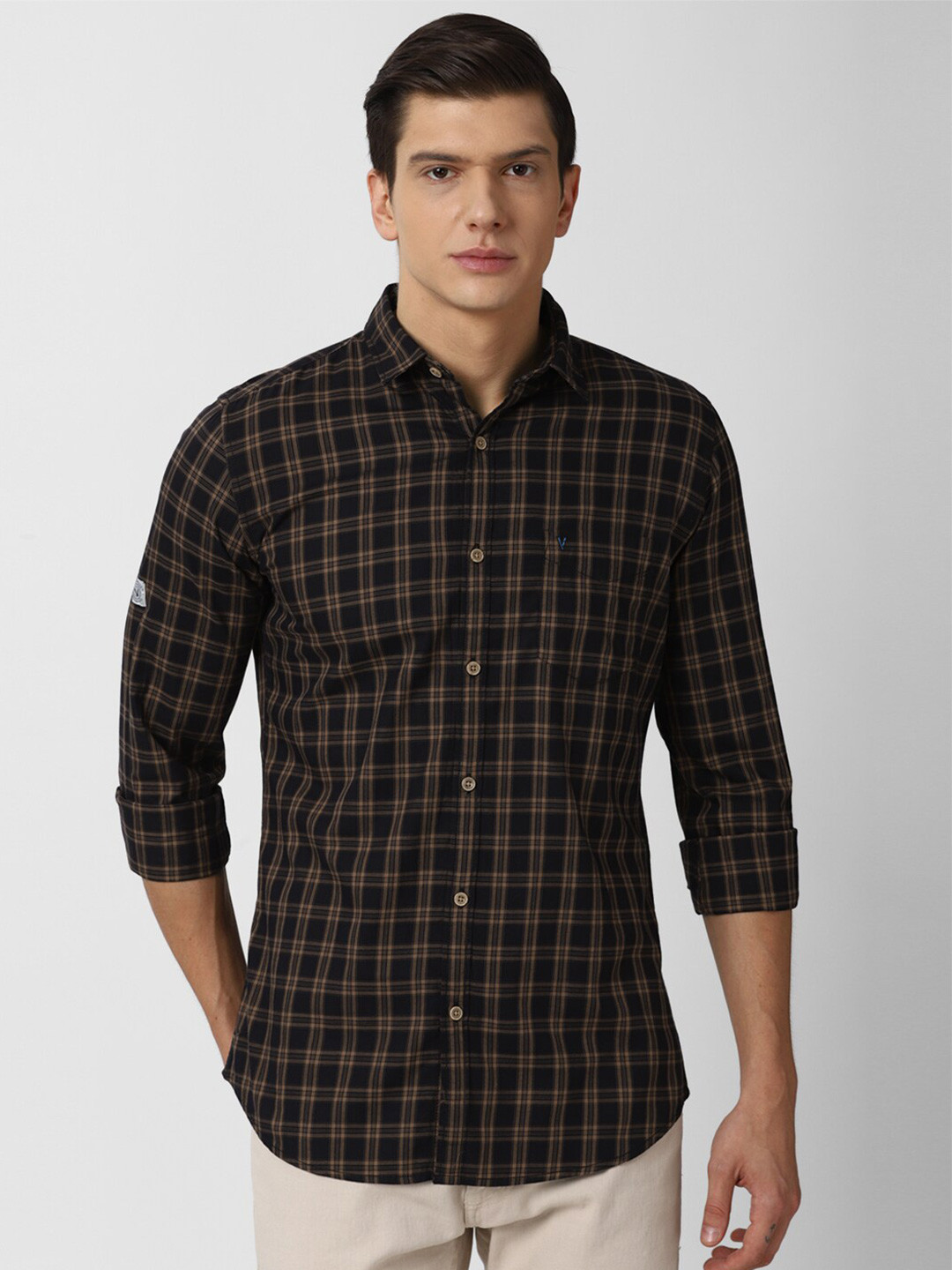 

VAN HEUSEN DENIM LABS Men Black Slim Fit Tartan Checks Checked Casual Shirt