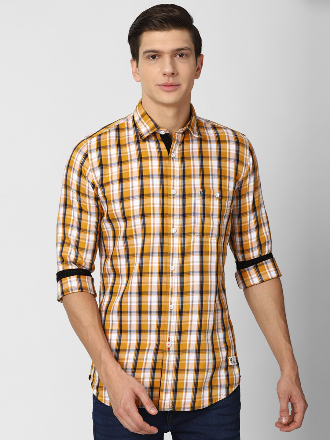 

VAN HEUSEN DENIM LABS Men Yellow Slim Fit Tartan Checked Pure Cotton Casual Shirt
