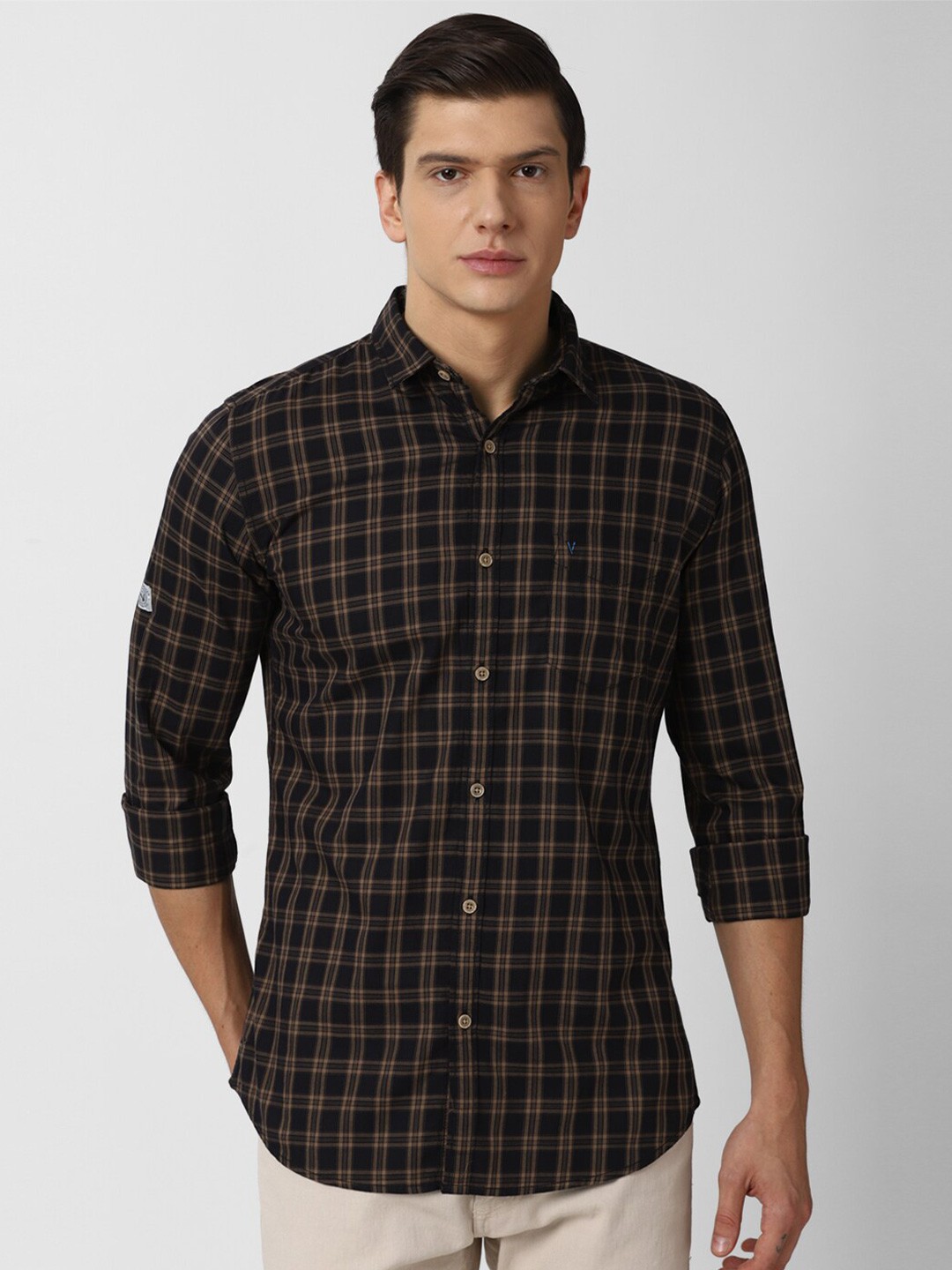 

VAN HEUSEN DENIM LABS Men Black Slim Fit Tartan Checked Pure Cotton Casual Shirt