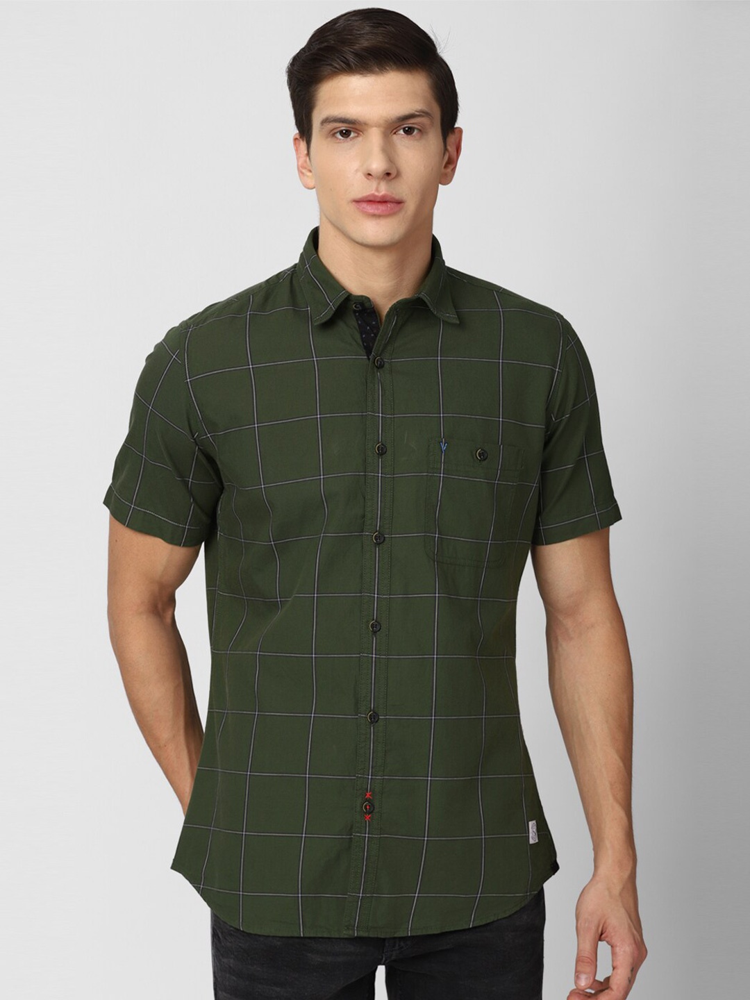 

VAN HEUSEN DENIM LABS Men Olive Green Slim Fit Windowpane Checks Cotton Casual Shirt