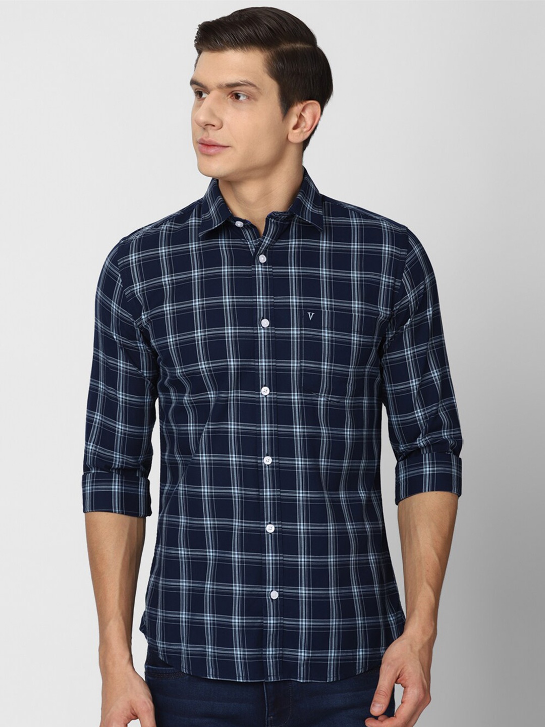 

Van Heusen Sport Men Navy Blue Slim Fit Windowpane Checks Cotton Casual Shirt
