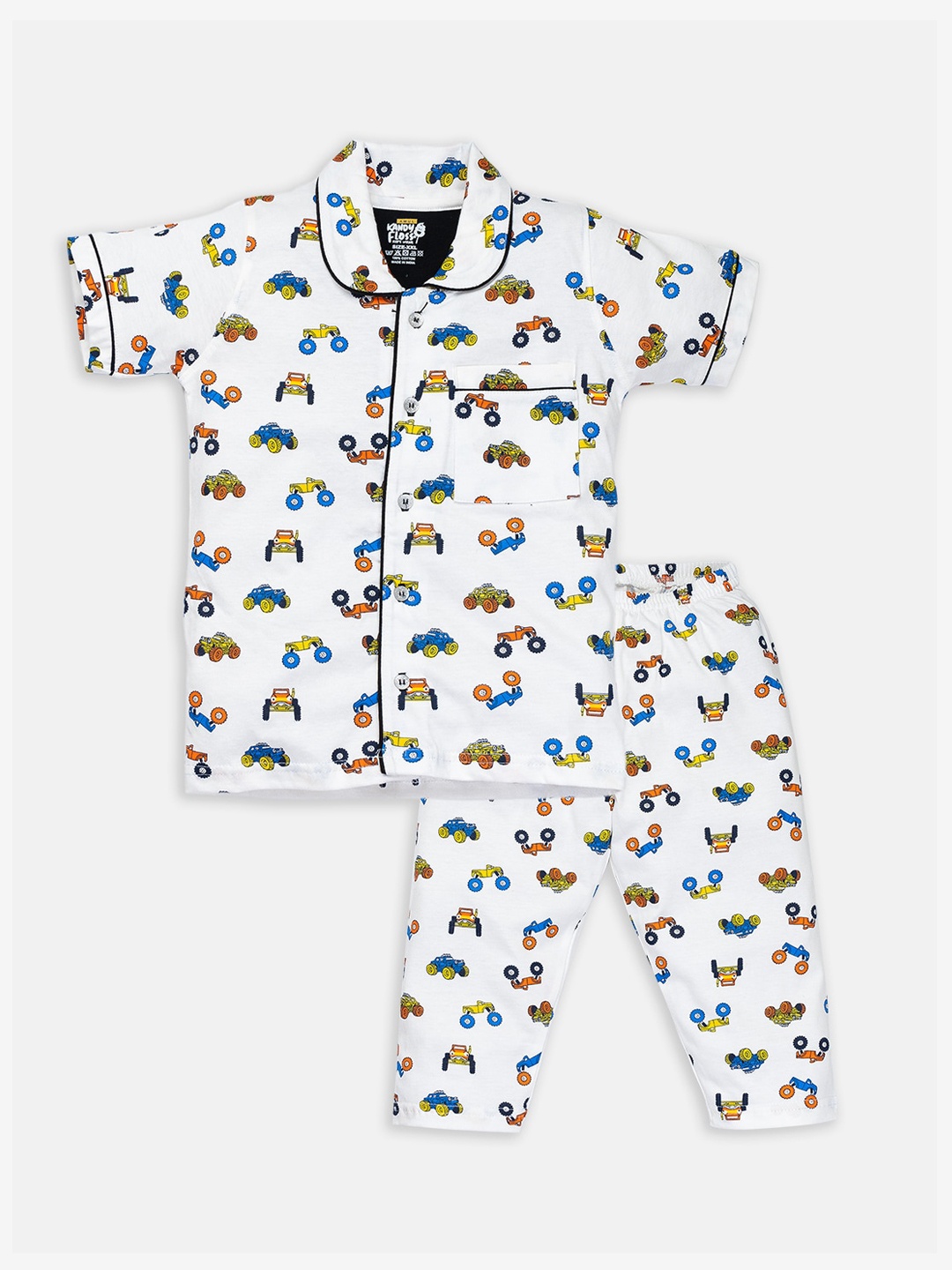 

AMUL Kandyfloss Unisex Kids White & Blue Printed Pure Cotton Night Suit