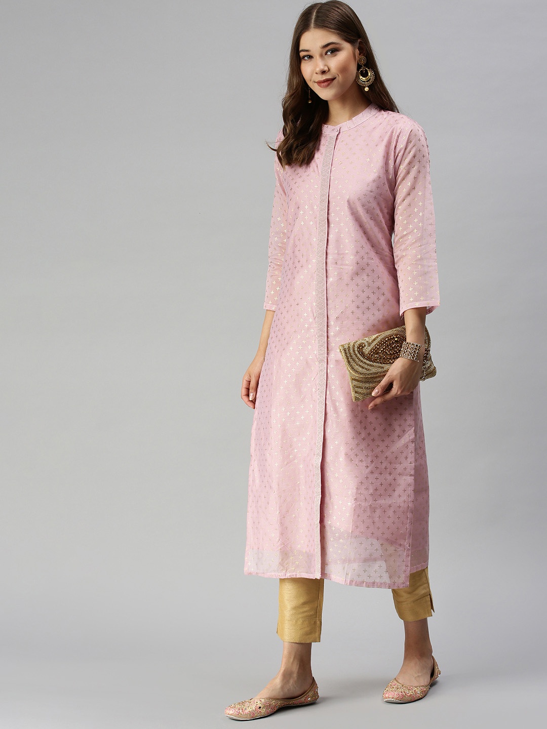 

SHOWOFF Women Pink Geometric Printed Thread Work Pastels Kurta