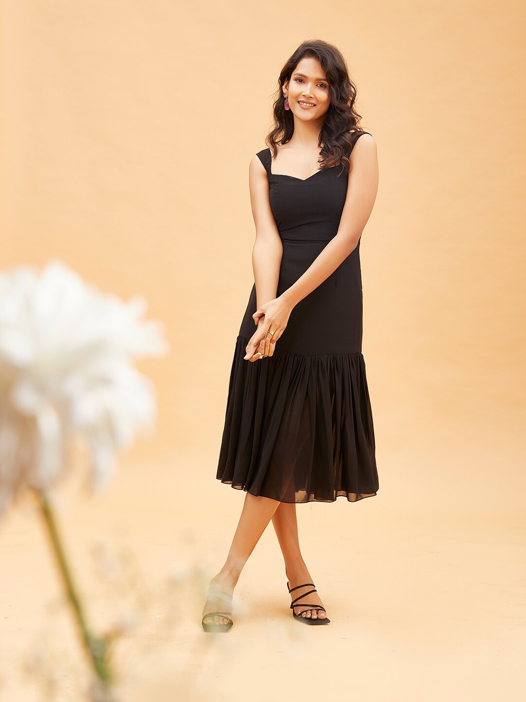 

POPPI Women Black Georgette Drop-Waist Dress