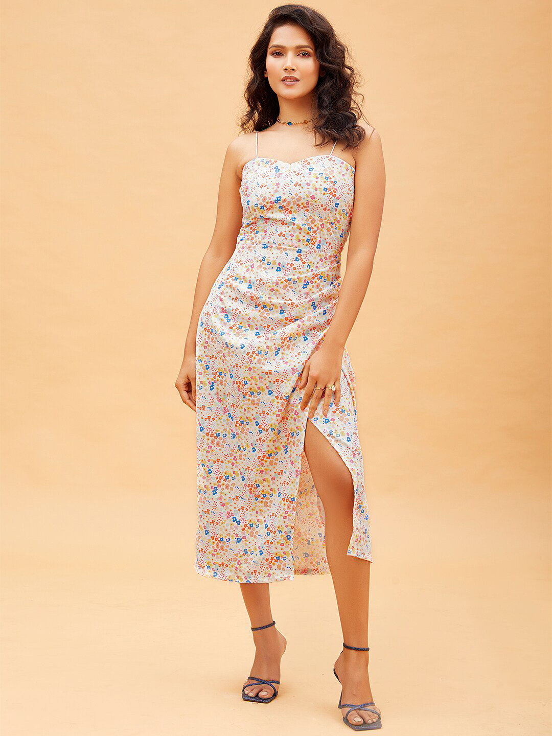 

POPPI Women White & Multicoloured Floral Crepe Sleeveless Midi Dress