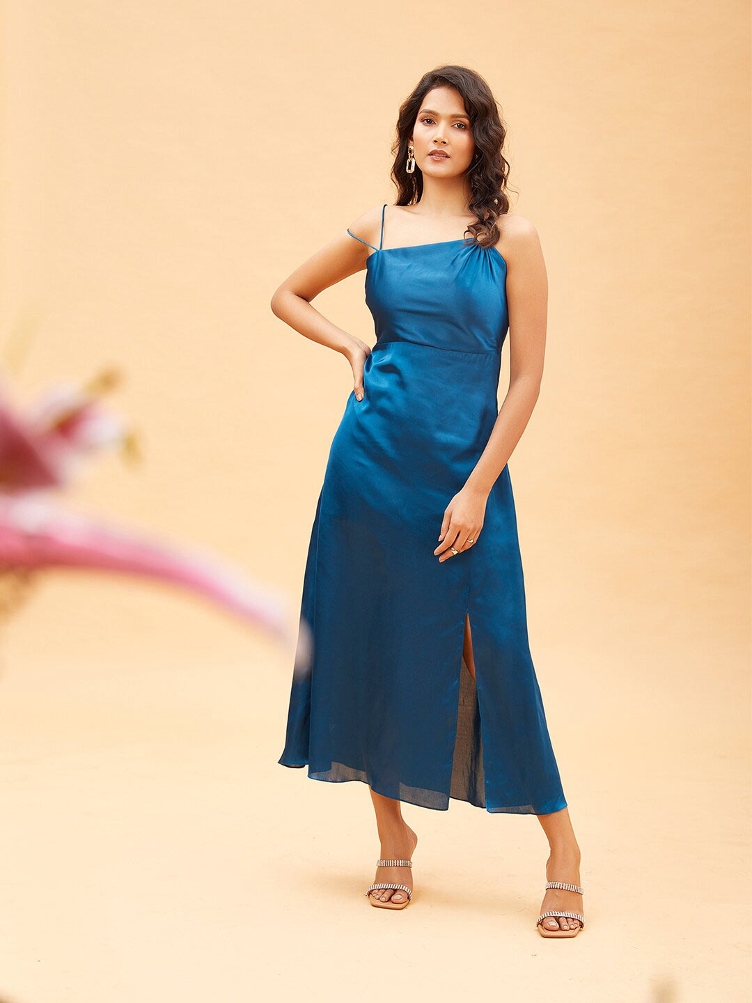 

POPPI Women Teal Satin A-Line Midi Dress
