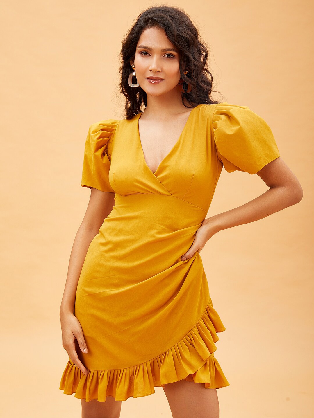 

POPPI Women Mustard Yellow Solid Wrap Georgette Dress