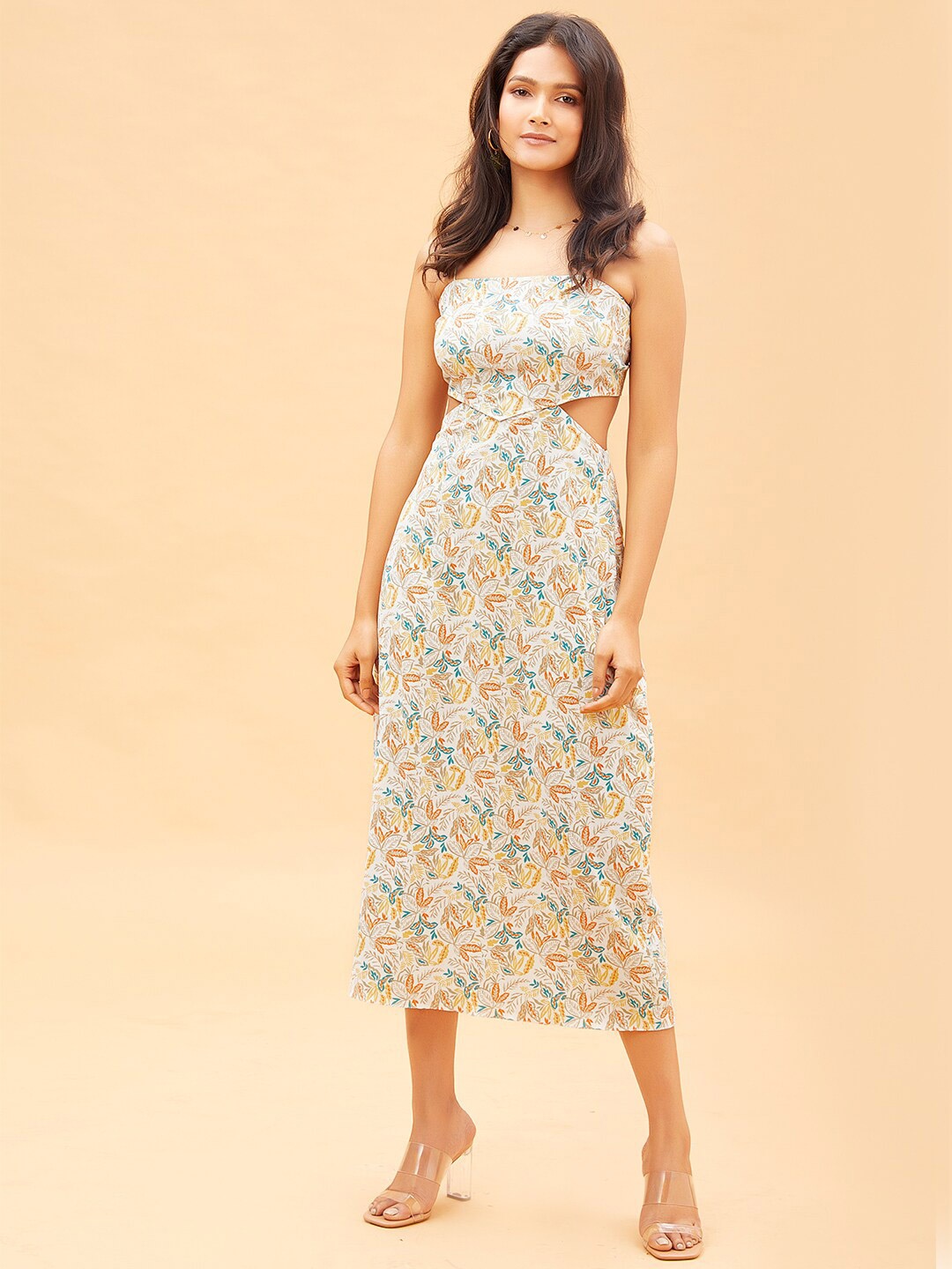 

POPPI Women White Floral Sleeveless Tie- up detail Crepe Midi Dress