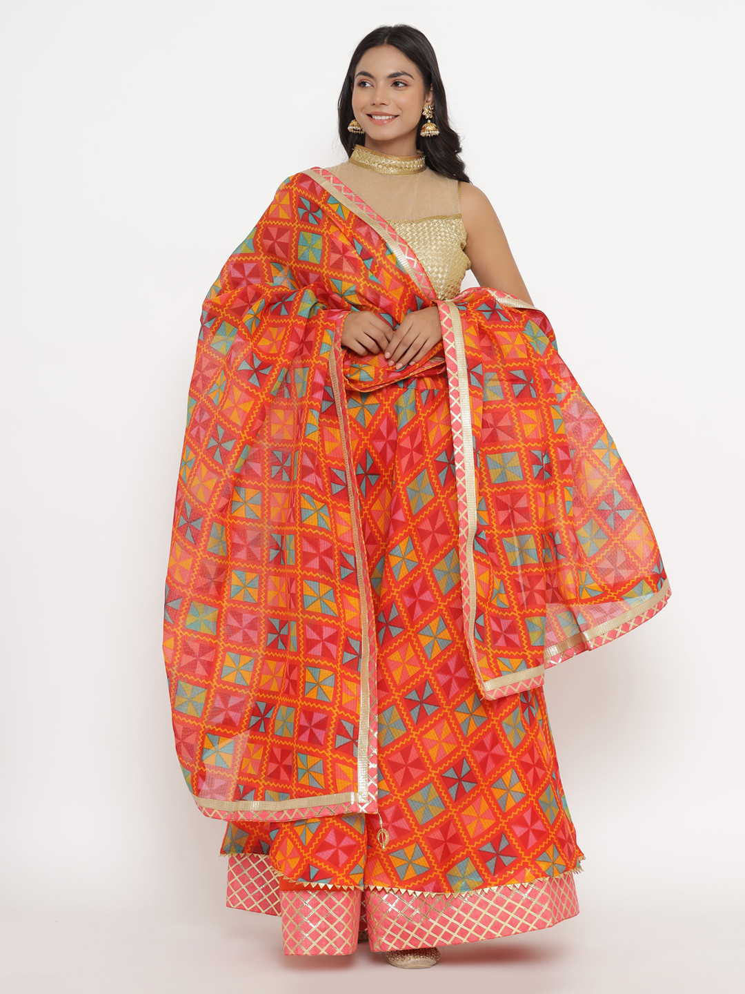 

Kesarya Orange & Red Embellished Ready to Wear Lehenga & Unstitched Blouse With Dupatta