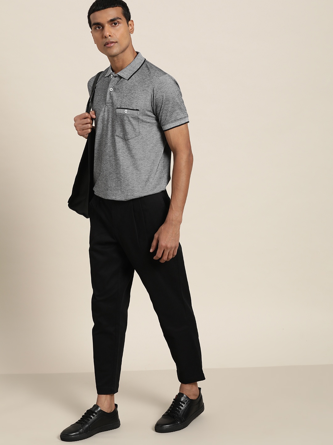 

ether Men Black & White Polo Collar Monochrome T-shirt