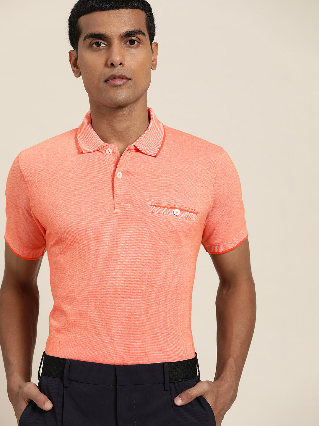 

ether Men Orange & White Polo Collar T-shirt