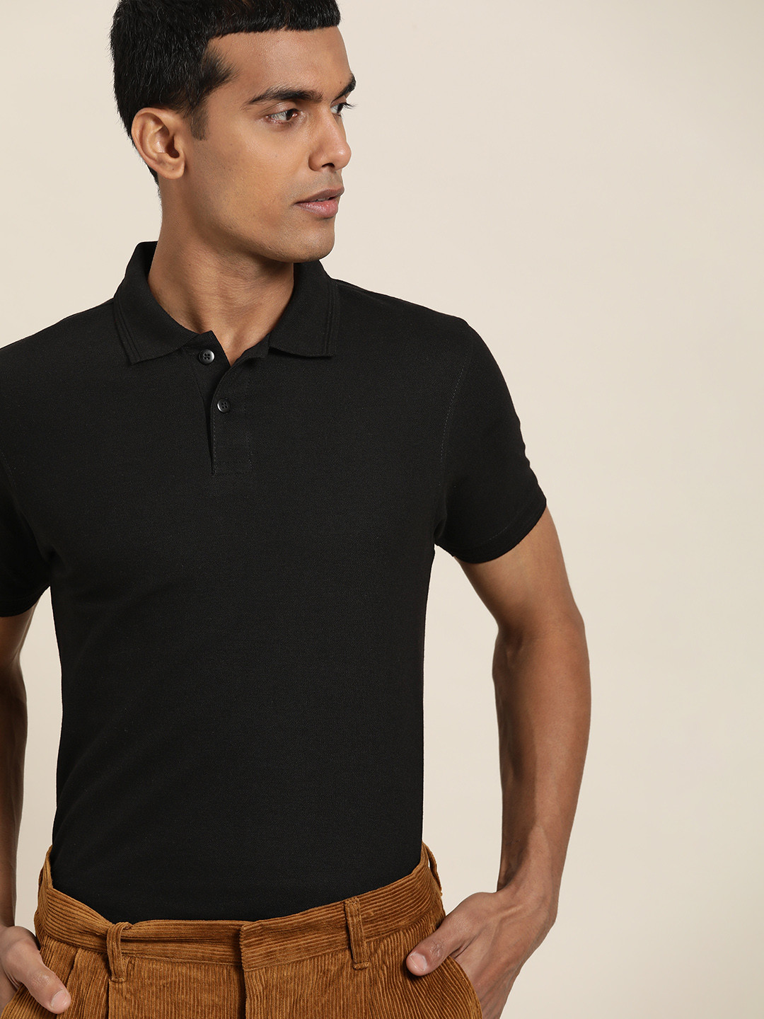 

ether Men Black Polo Collar T-shirt