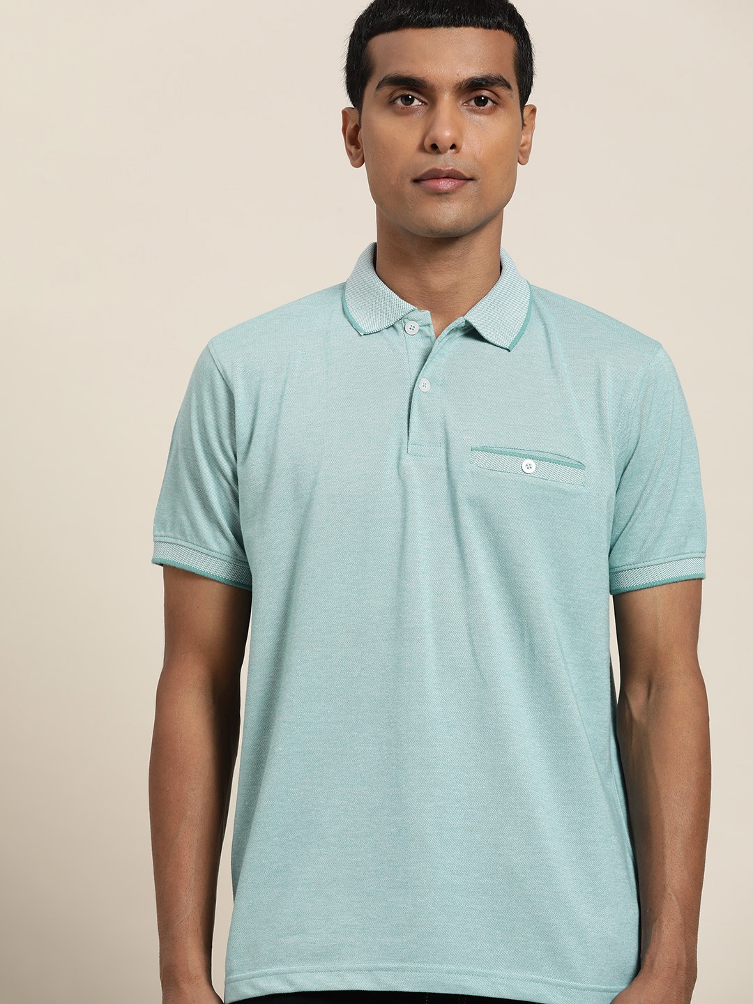

ether Men Sea Green & White Polo Collar T-shirt