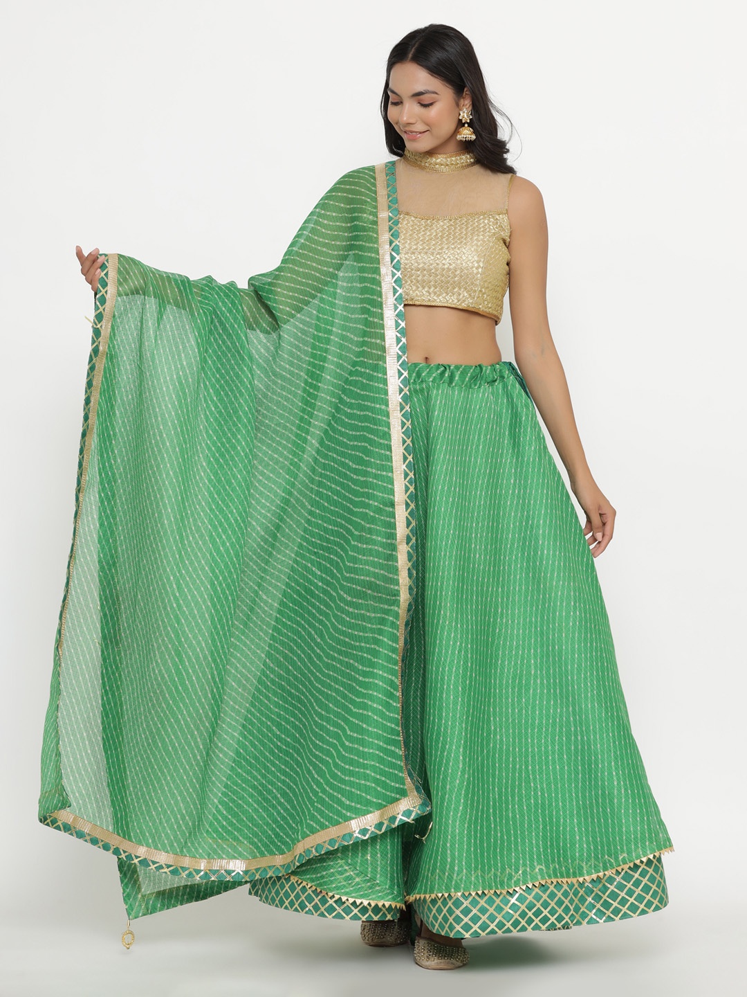 

Kesarya Green & Gold-Toned Embellished Ready to Wear Lehenga & Unstitched Blouse With Dupatta