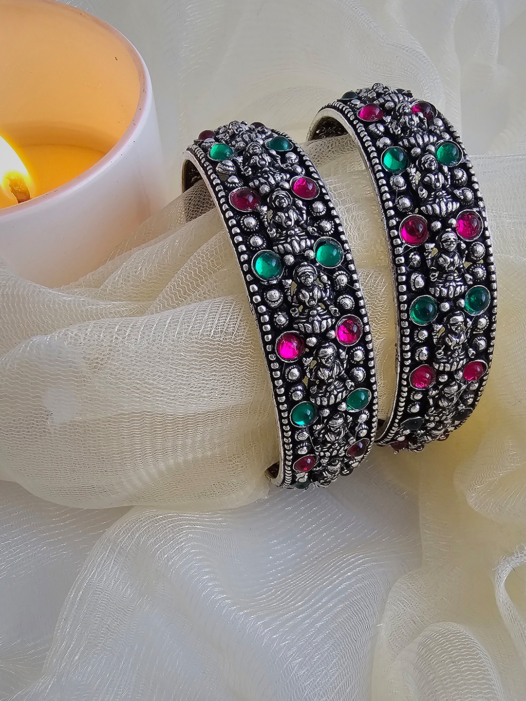

Binnis Wardrobe Set of 2 Silver-Plated Pink & Green Stone Studded Bangles