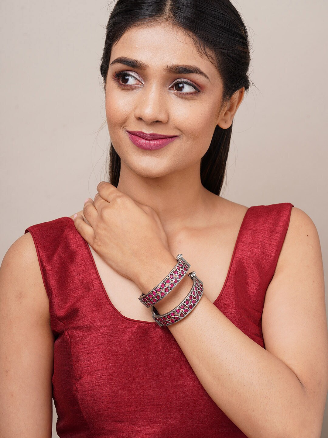 

Binnis Wardrobe Set of 2 Silver-Tone Pink Stone Studded Bangles