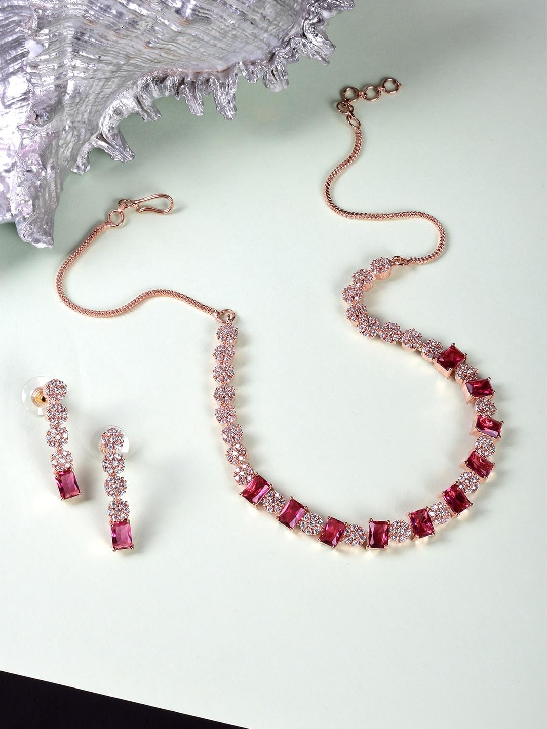 

STEORRA JEWELS Gold-Plated Pink AD Studded Jewellery Set