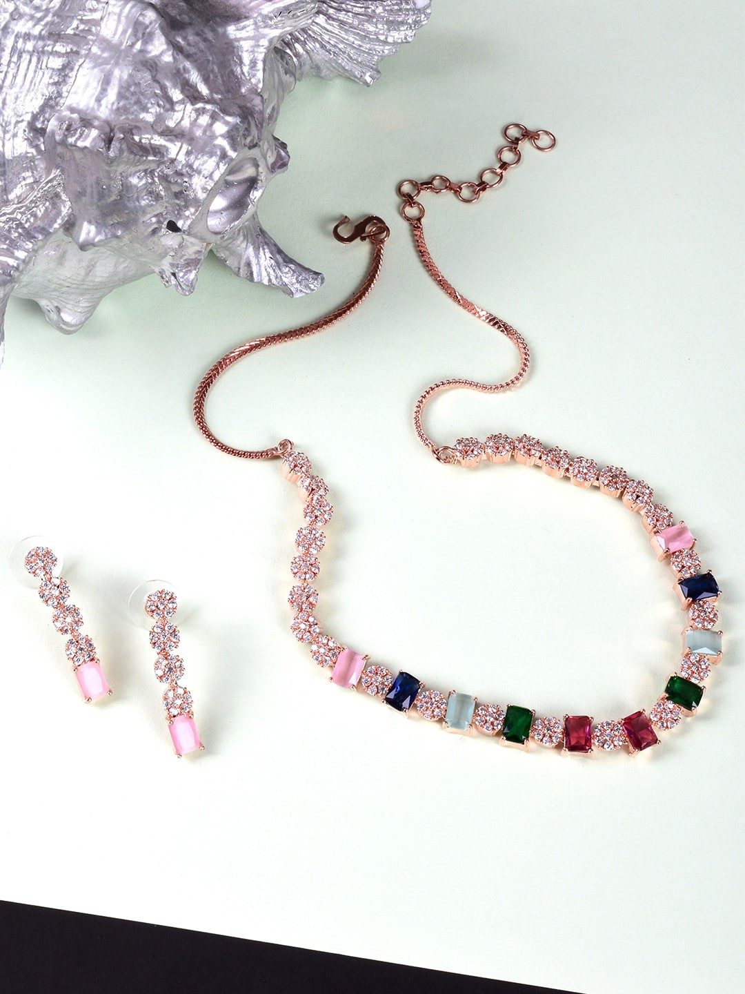 

STEORRA JEWELS Gold-Plated White & Pink AD Studded Jewellery Set