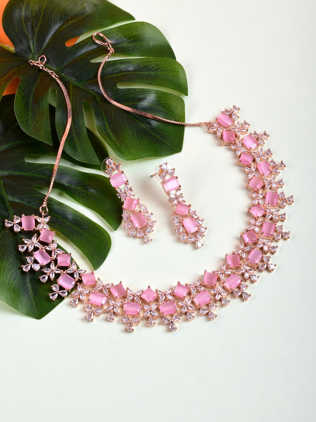 

STEORRA JEWELS Rose Gold-Plated Pink & White AD Studded Jewellery Set