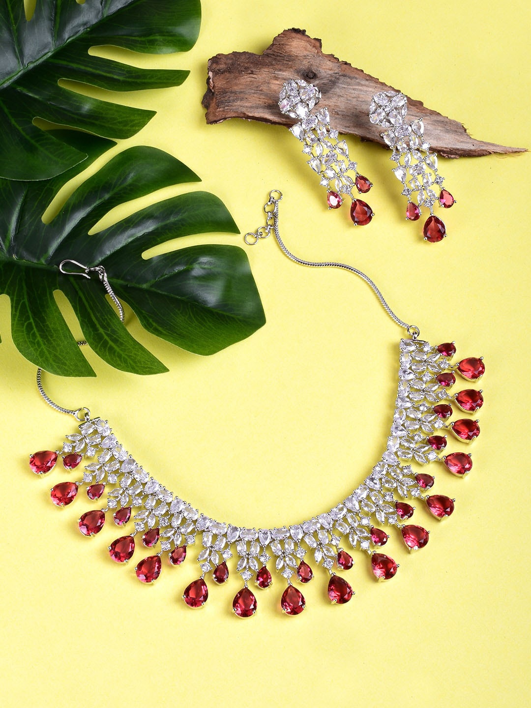 

STEORRA JEWELS Silver-Plated White & Red AD-Studded & Beaded Jewellery Set, Gold