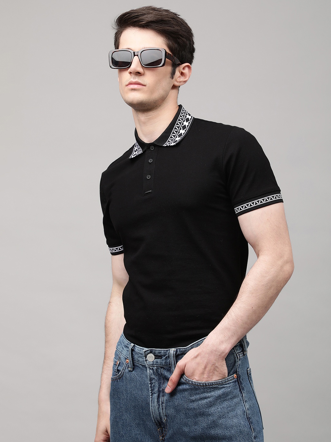 

Antony Morato Men Black Polo Collar Monochrome Slim Fit T-shirt