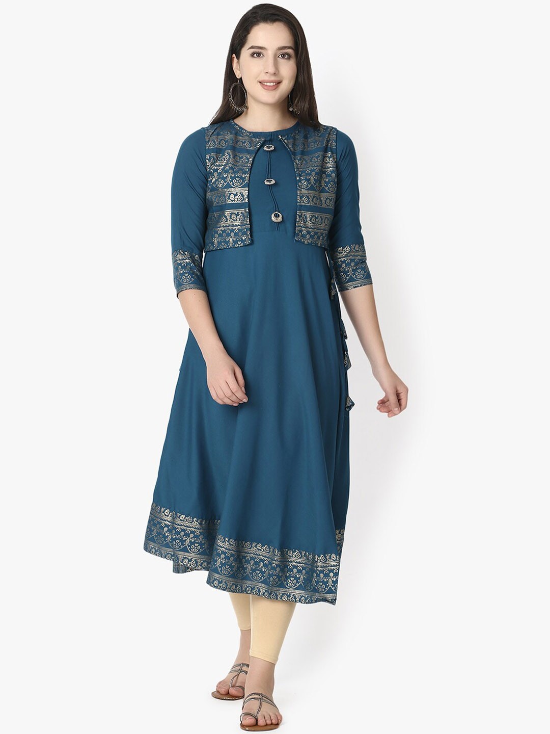 

Sitaram Designer Women Teal Ethnic Motifs Foil Printed Koti Style Kurta