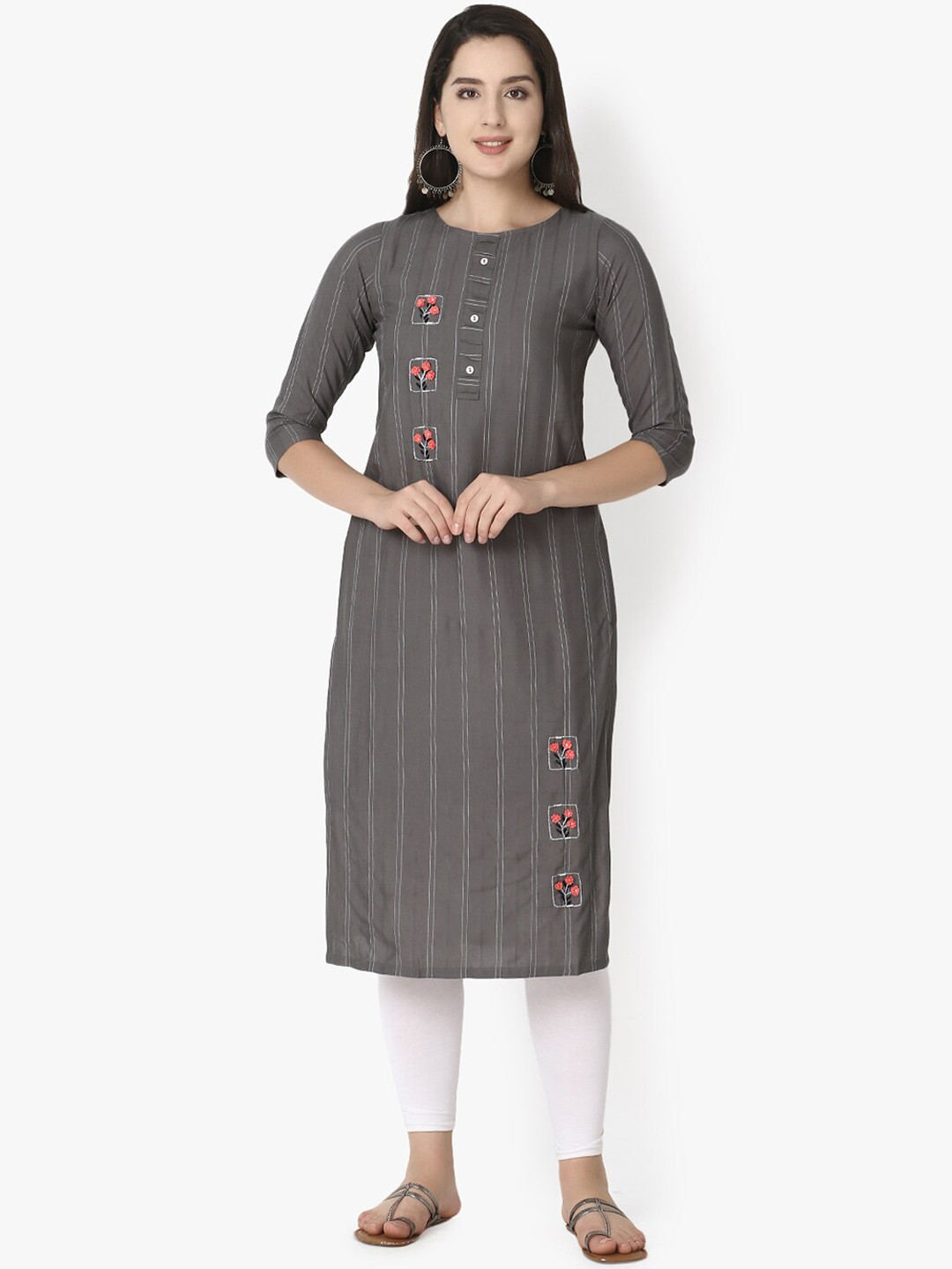 

Sitaram Designer Women Grey Stripes Embroidered Kurta