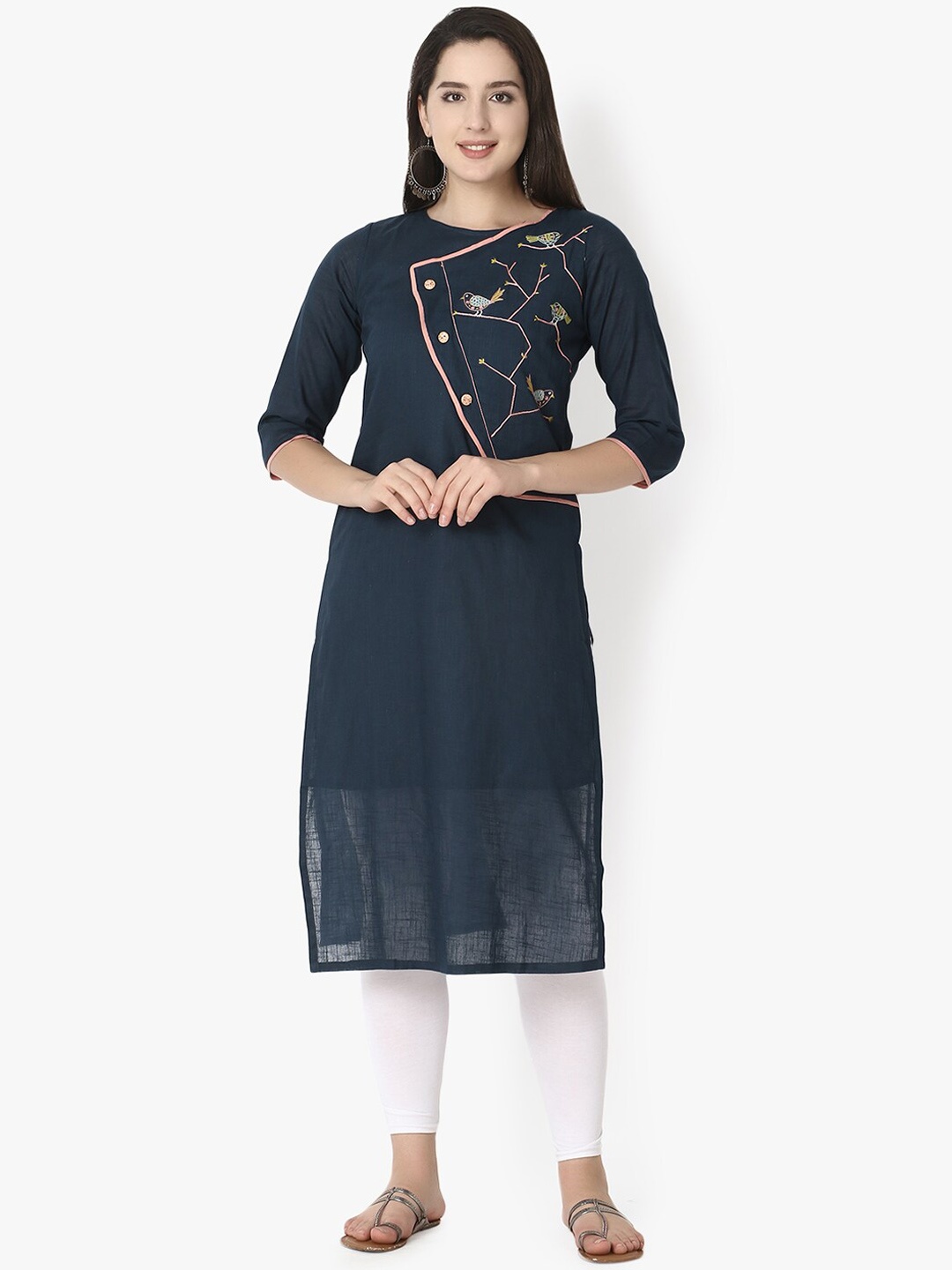 

Sitaram Designer Women Navy Blue Embroidered Thread Work Dobby Kurta