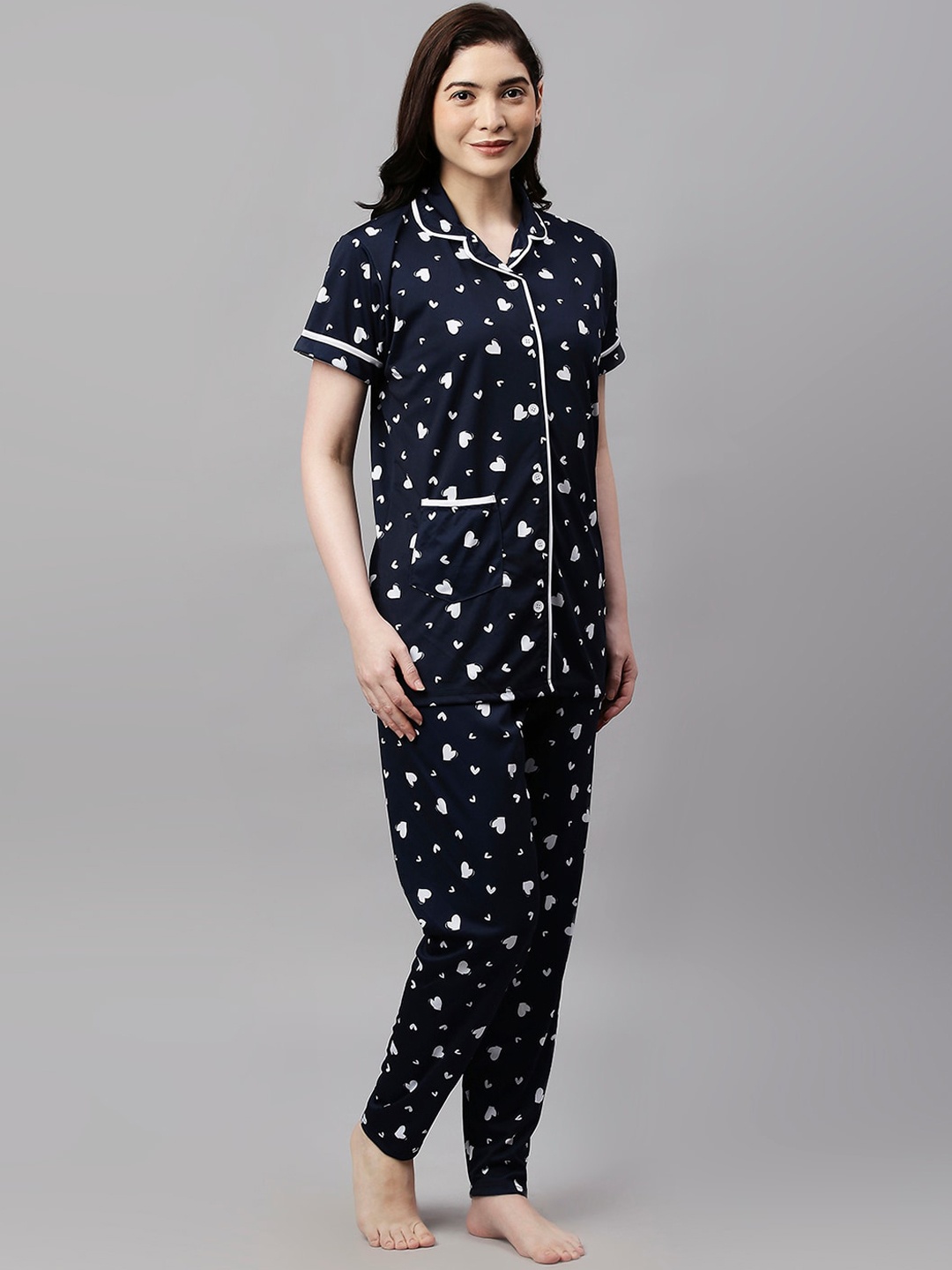 

Pretty Awesome Women Navy Blue & White Printed Night suit