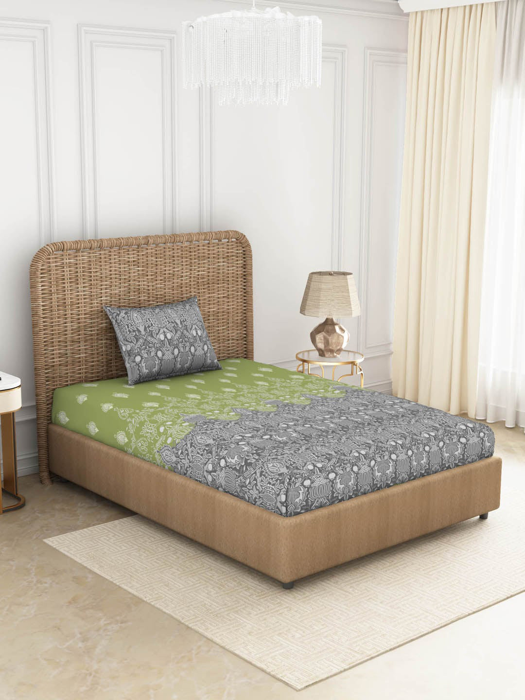 

SPACES Green & Grey Ethnic Motifs 144 TC Pure Cotton Single Bedsheet with 1 Pillow Covers