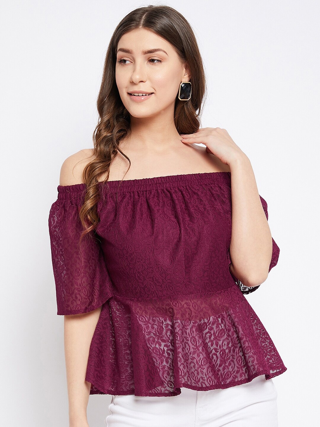 

Imfashini Burgundy Off-Shoulder Lace Peplum Top