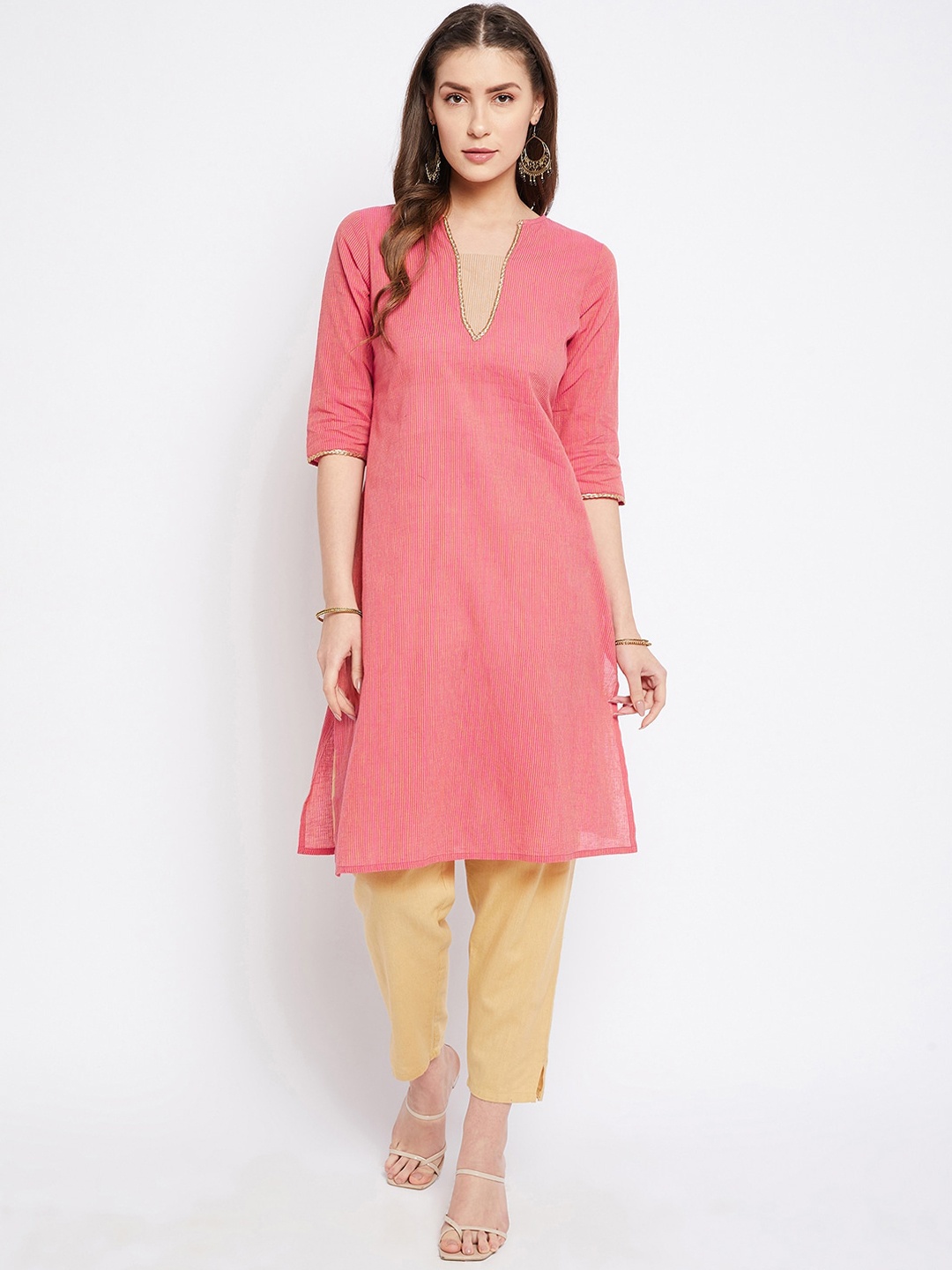 

Imfashini Women Red Striped Straight Kurta