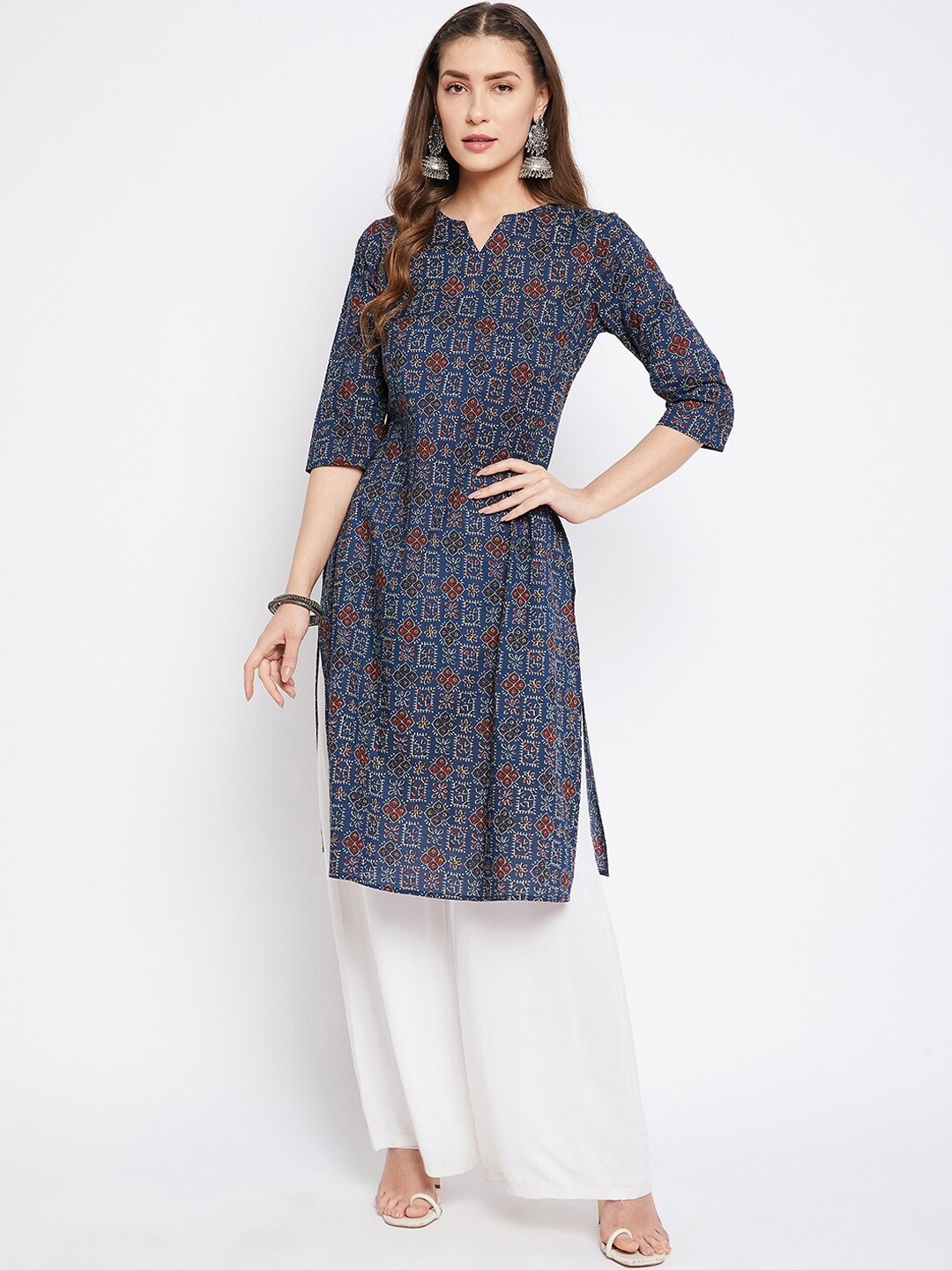 

Imfashini Women Navy Blue & Multicoloured Ethnic Motifs Printed Block Print Kurta