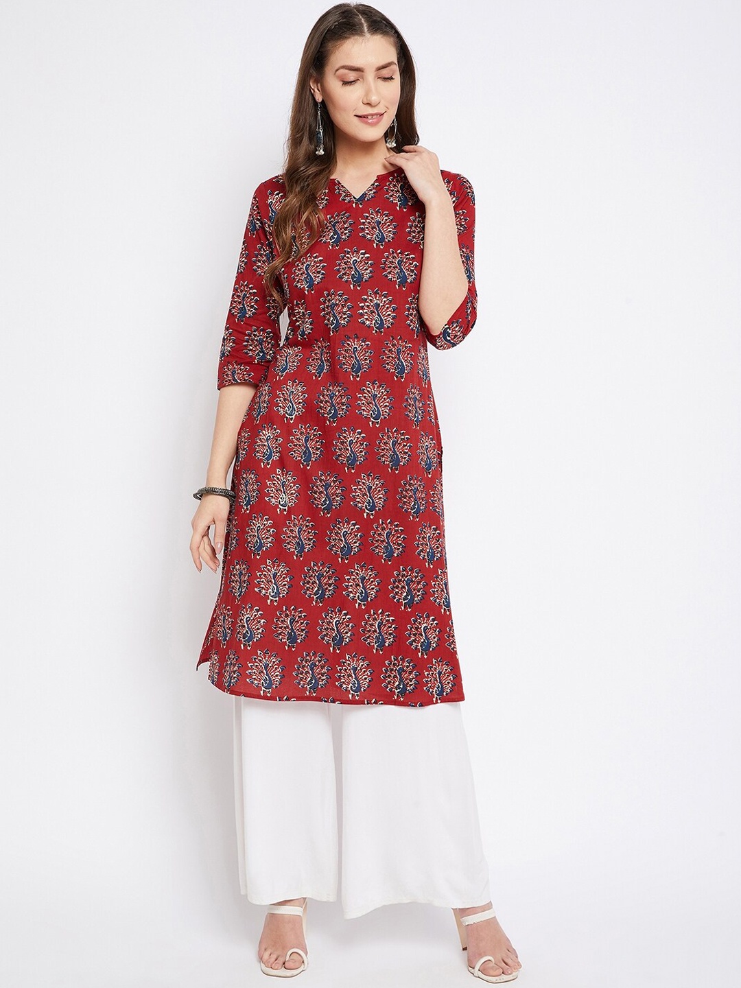 

Imfashini Women Red & Blue Ethnic Motifs Printed Block Print Kurta