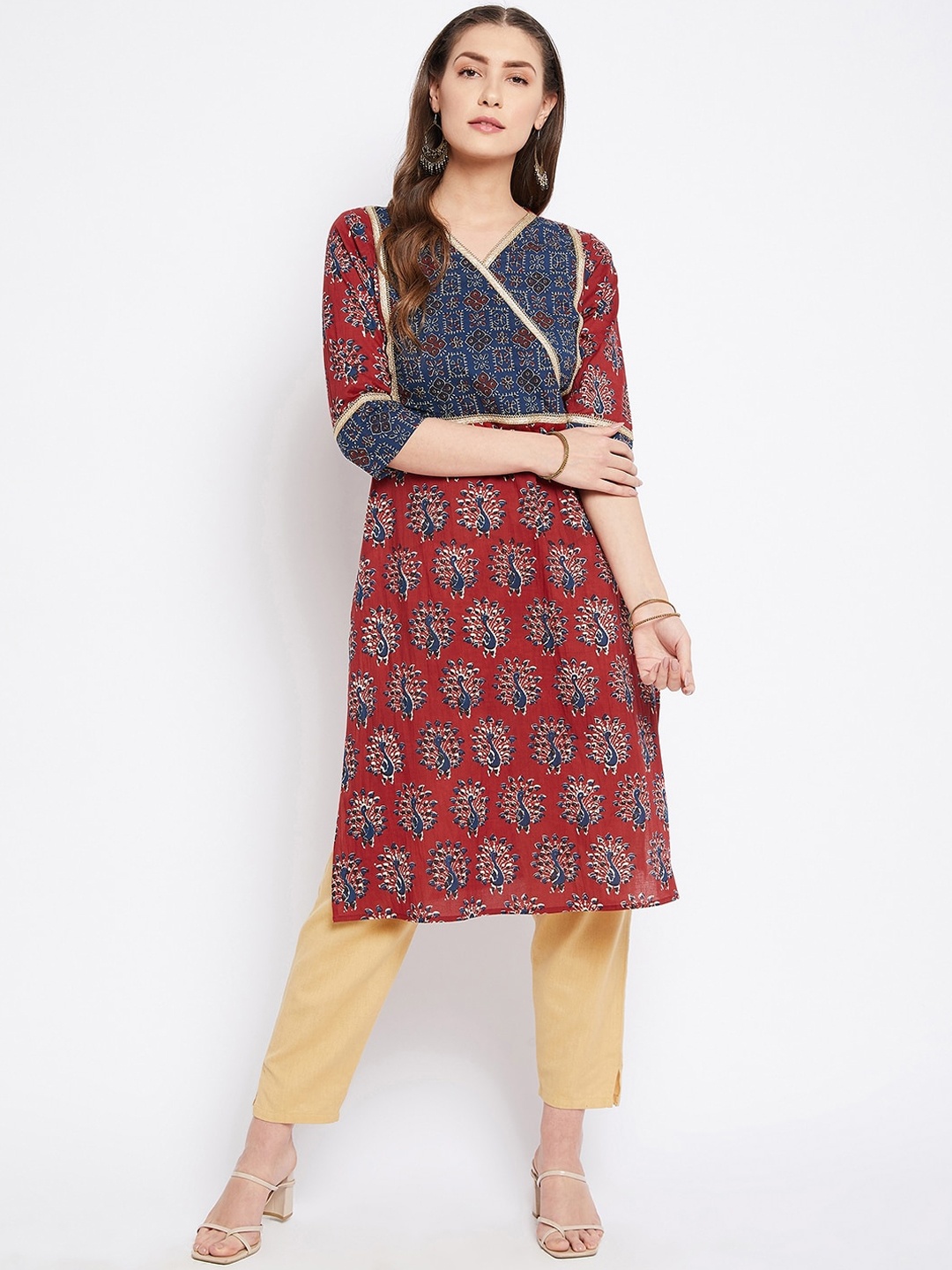 

Imfashini Women Red & Blue Printed Block Print Kurta