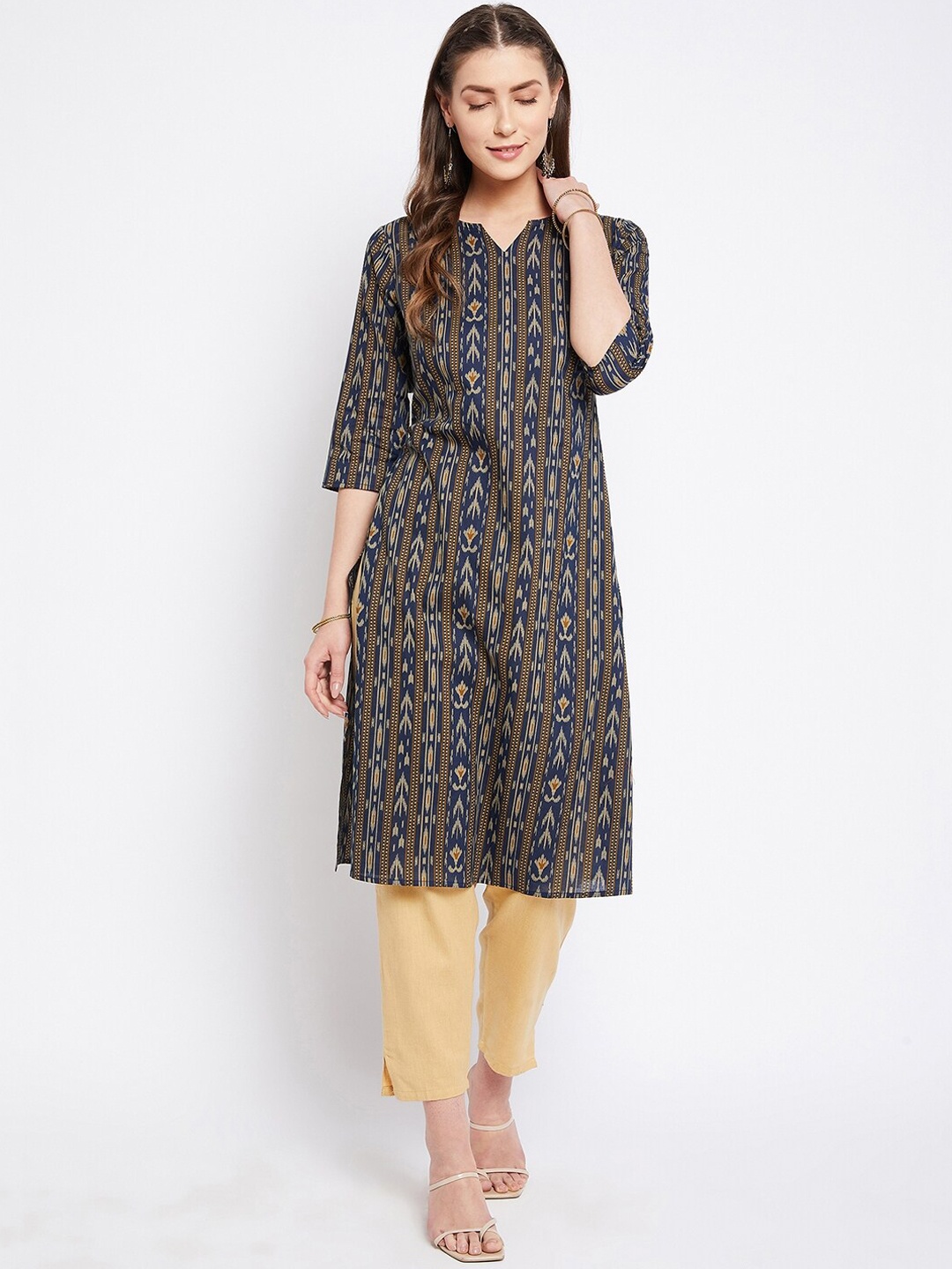 

Imfashini Women Navy Blue & Brown Screen Print Straight Cotton Kurta