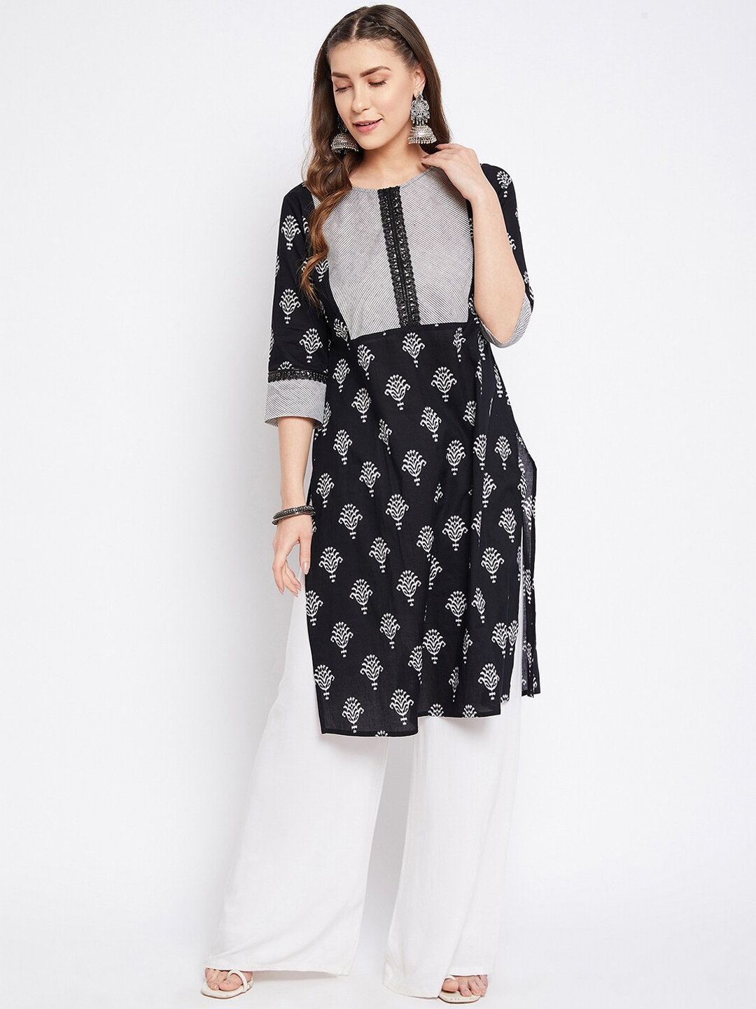 

Imfashini Women Black & White Ethnic Motifs Printed Gotta Patti Block Print Kurta