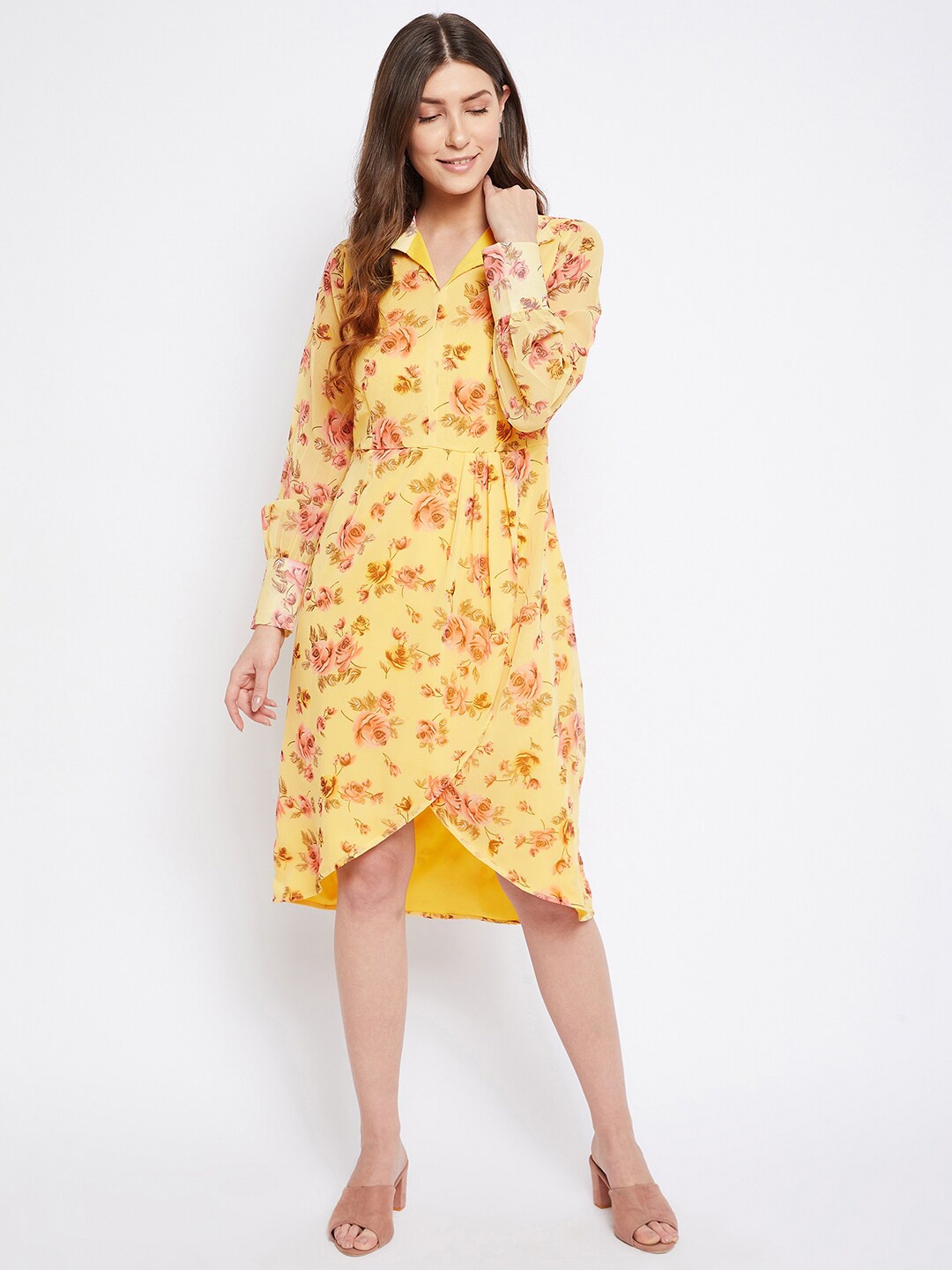 Imfashini Women Yellow Floral Georgette Shirt Dress