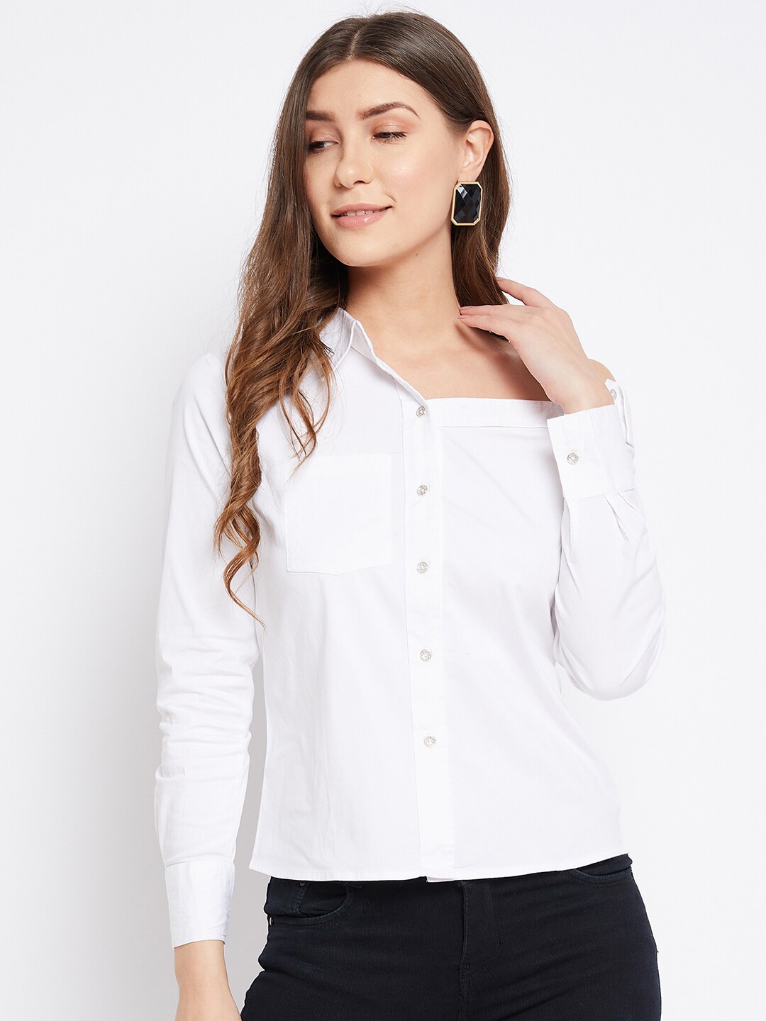 

Imfashini White One Shoulder Shirt Style Top