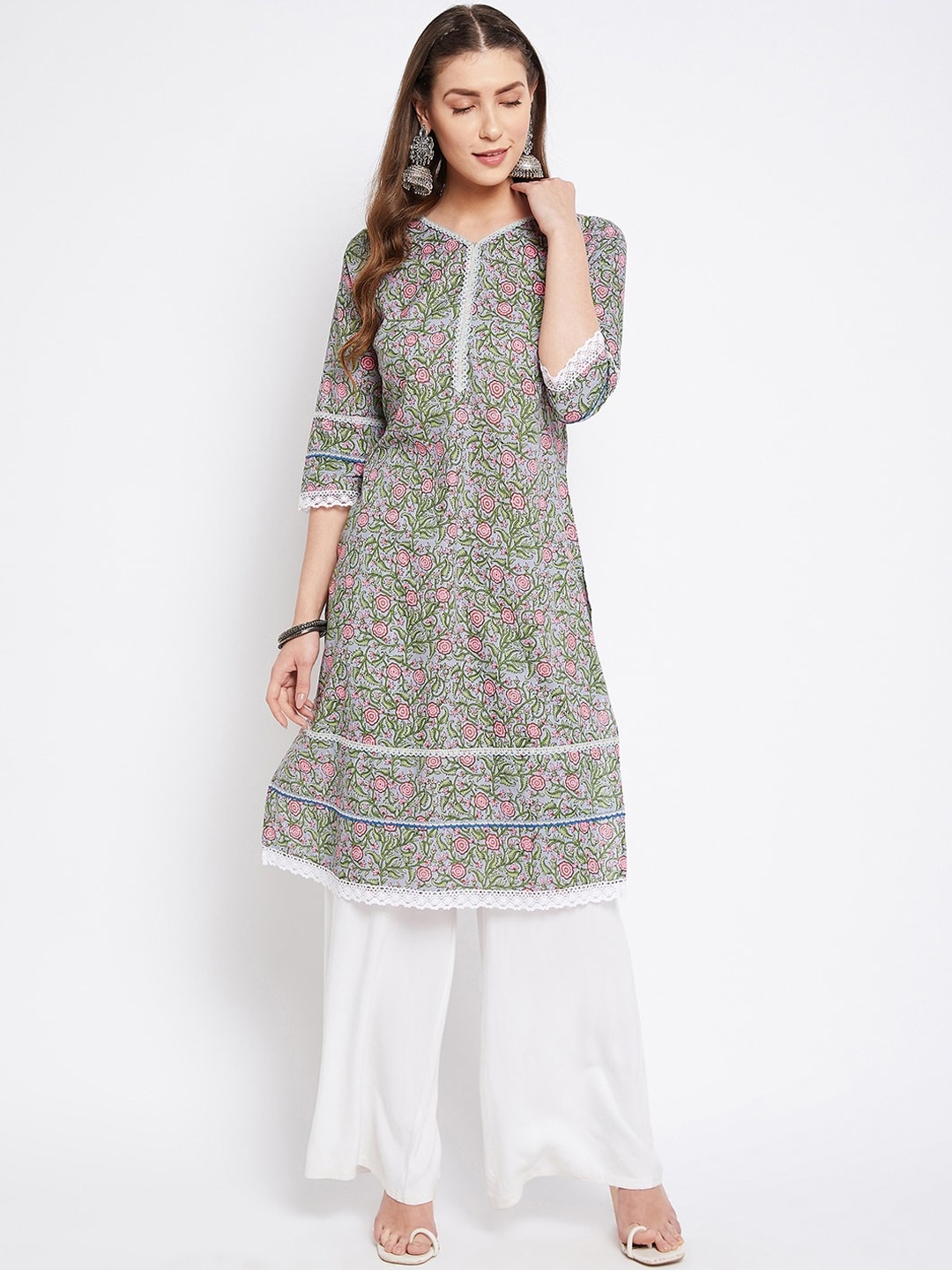 

Imfashini Women Blue Floral Printed Block Print Lace Detail Kurta