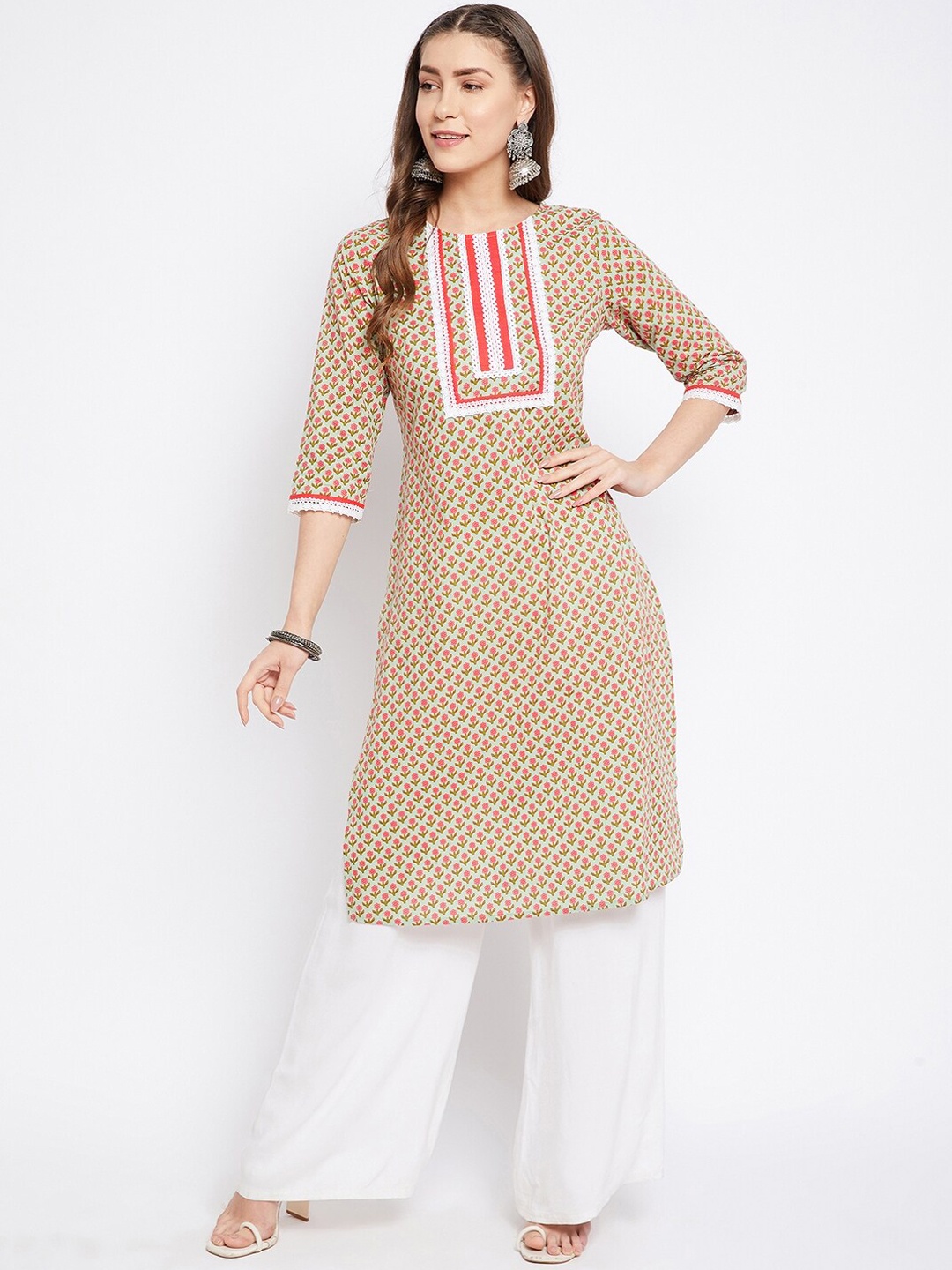 

Imfashini Women Green & Multicoloured Floral Printed Block Print Kurta